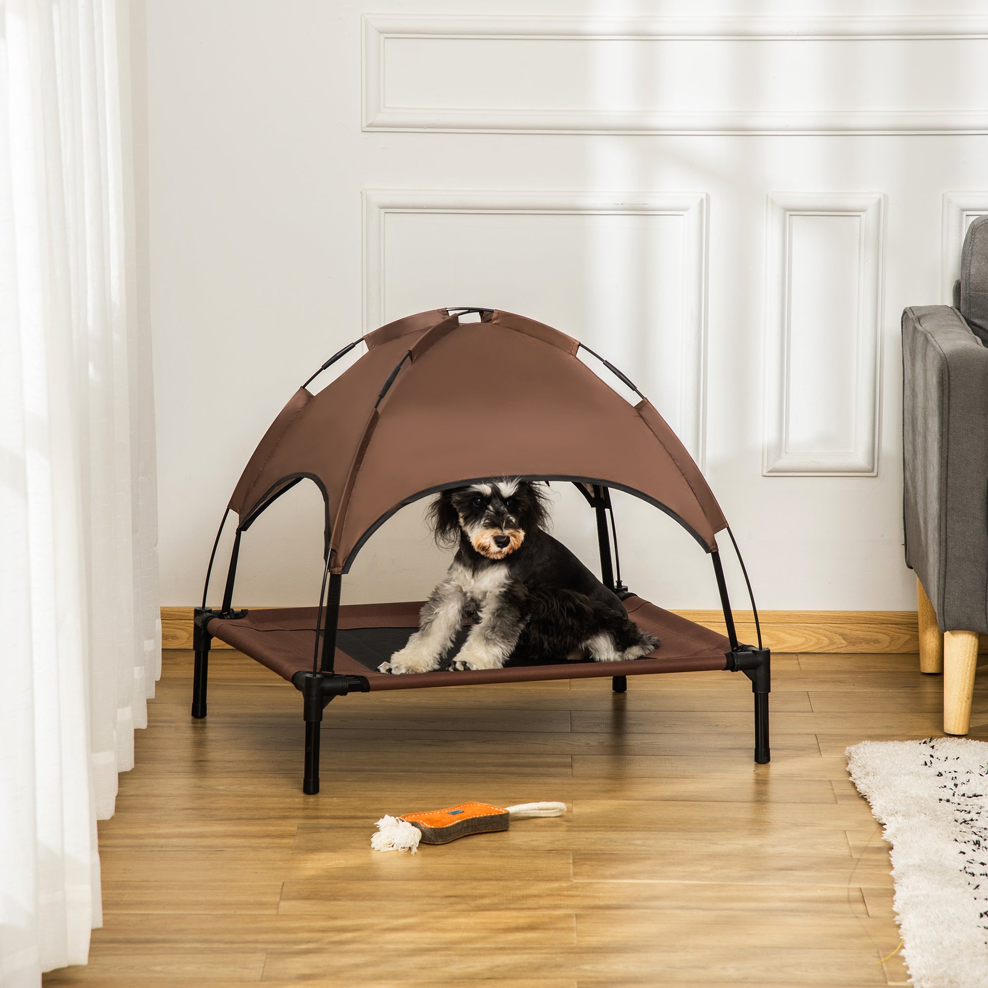 PawHut Raised Dog Bed Waterproof Elevated Pet Cot with Breathable Mesh UV Protection Canopy Coffee, for Medium Dogs, 76 x 61 x 73cm - North Peak Garden Furniture