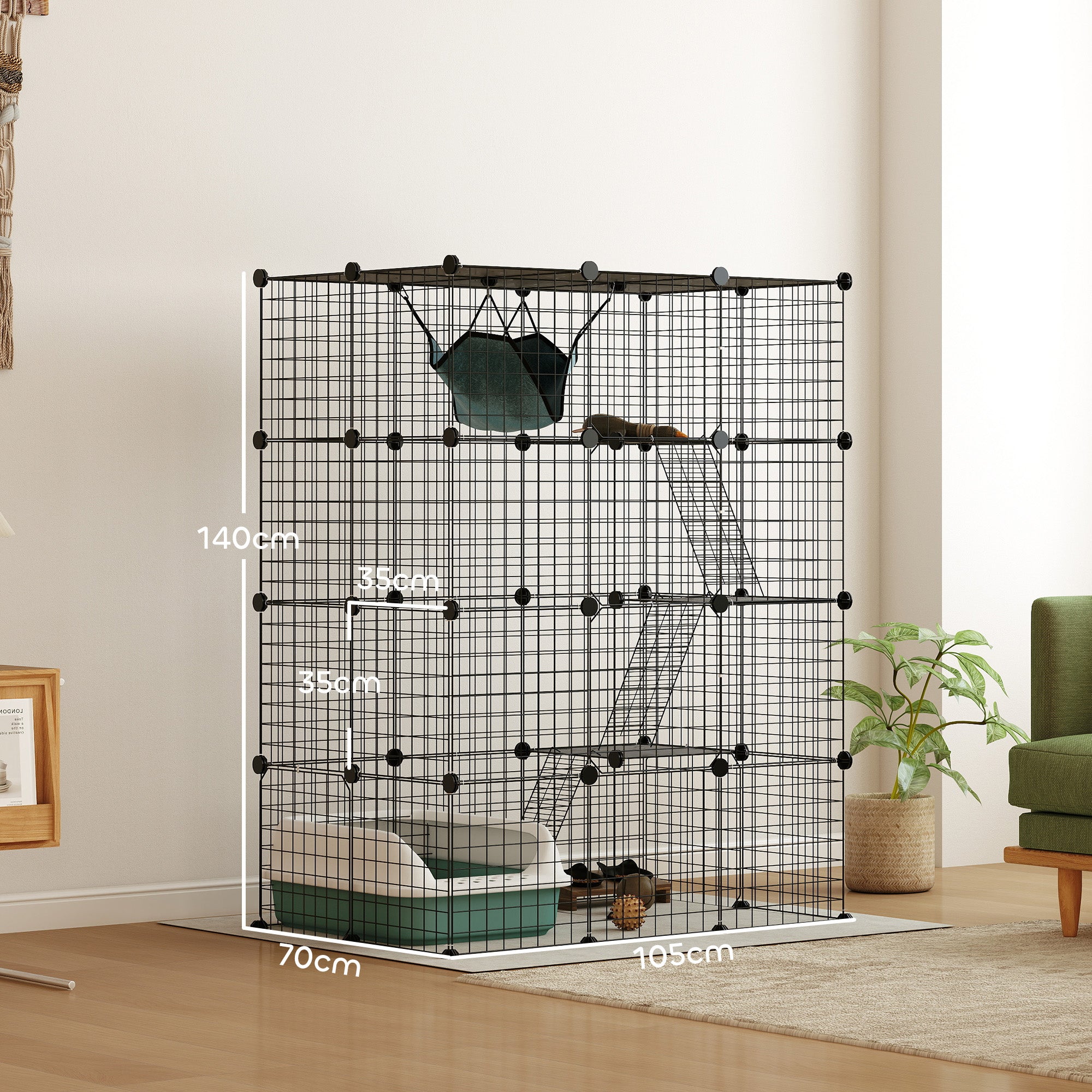 PawHut 4-Tier DIY Large Cat Cage with Hammock, Ramps, 5 Doors, Indoor Use for 1-3 Cats, Black