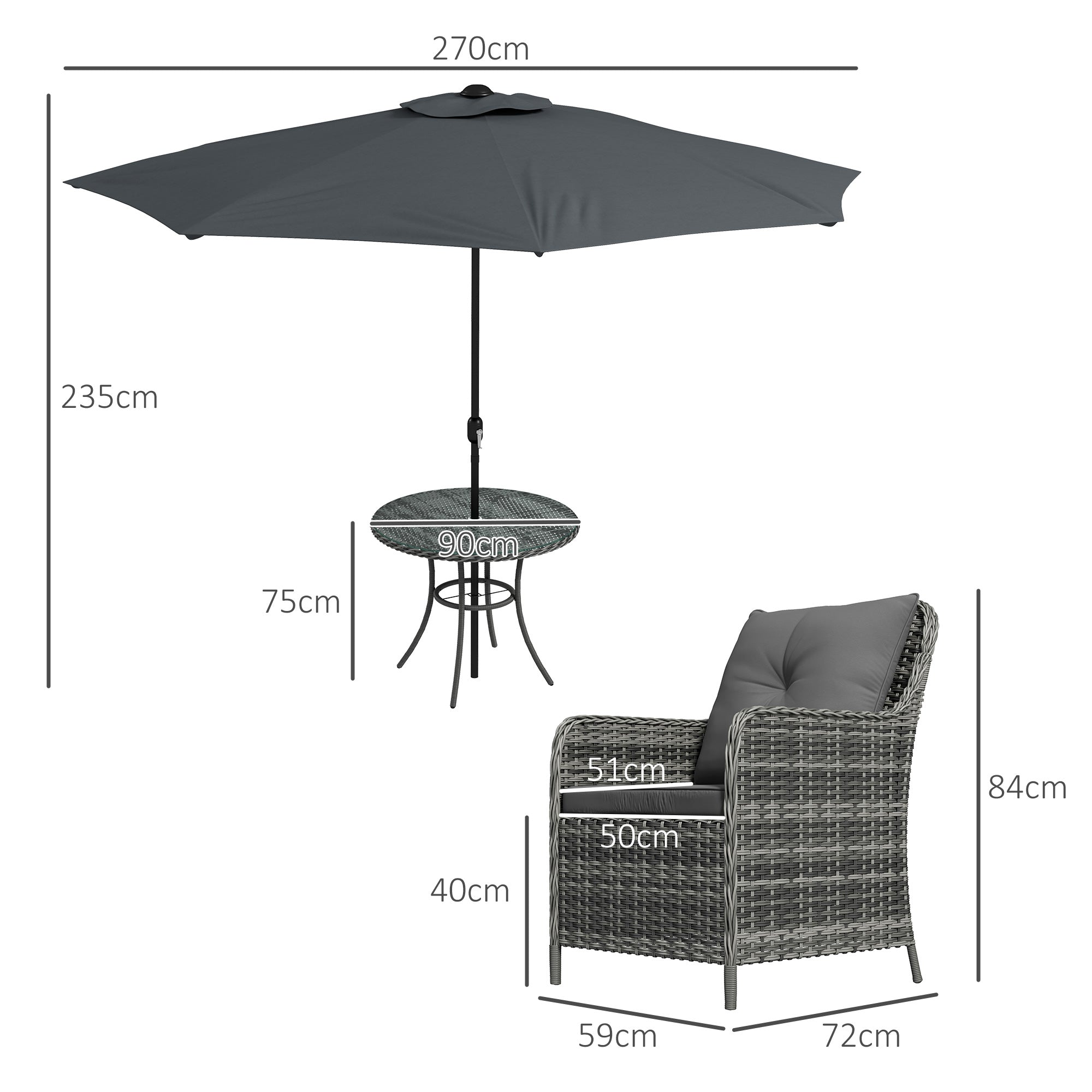 Outsunny 6 Pieces Garden Dining Set, 4 Seater Rattan Dining Set Outdoor with Umbrella, Cushions, Tempered Glass Top Table | Aosom UK