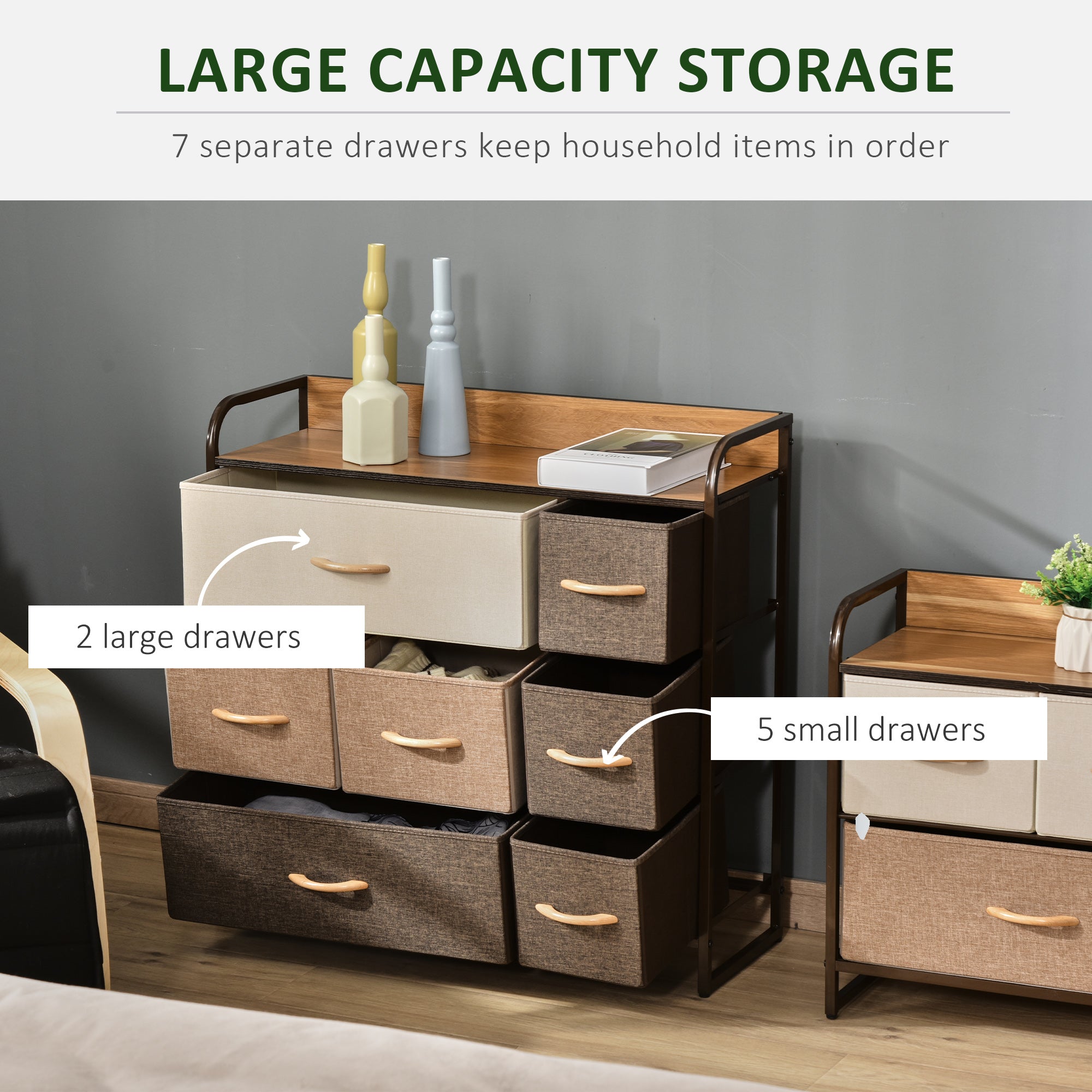 HOMCOM 7-Drawer Dresser, Fabric Chest of Drawers, 3-Tier Storage Organizer for Bedroom Hallway Entryway, Tower Unit with Steel Frame Wooden Top - North Peak Garden Furniture