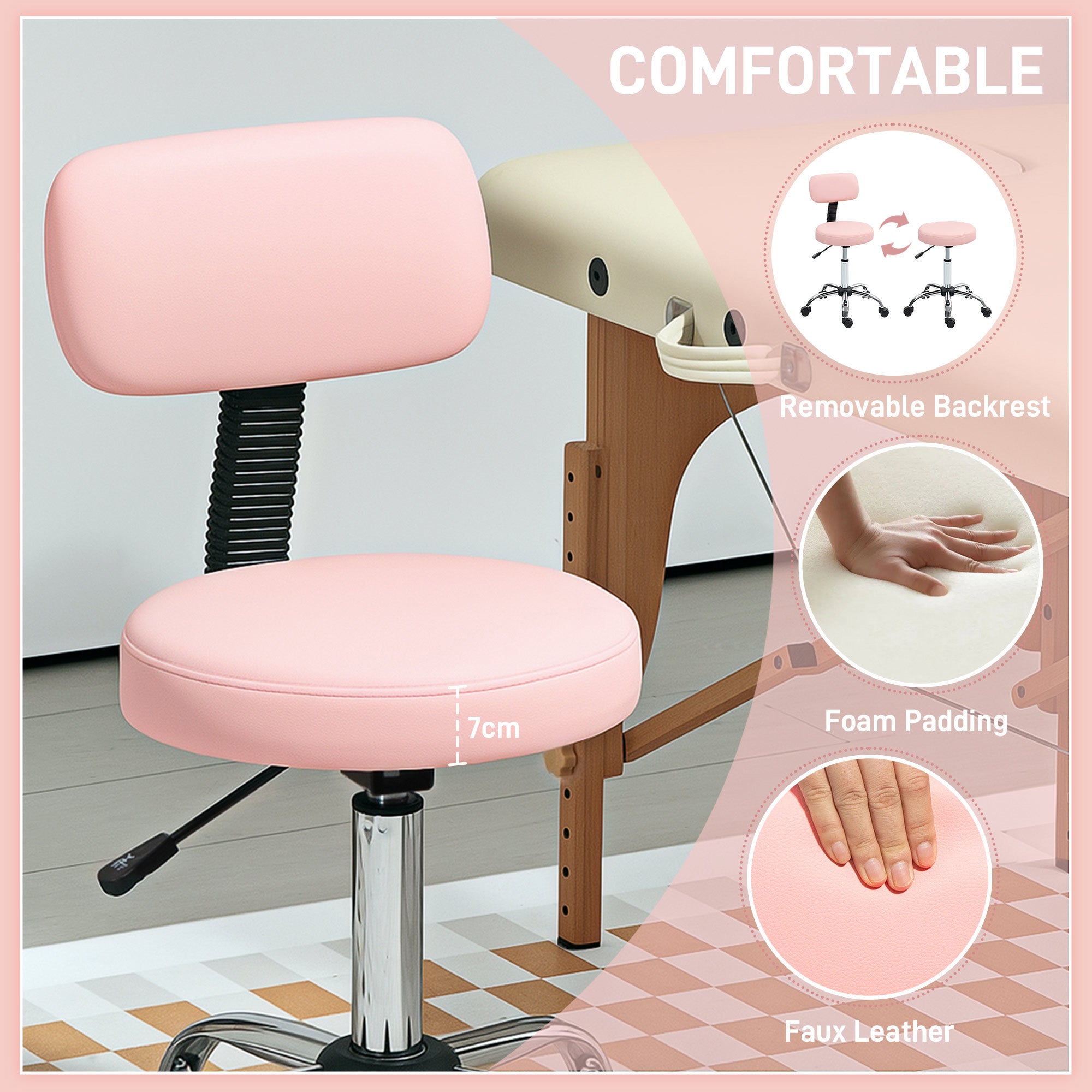 HOMCOM 360° Swivel Seat Salon Stool - Pink - North Peak Garden Furniture