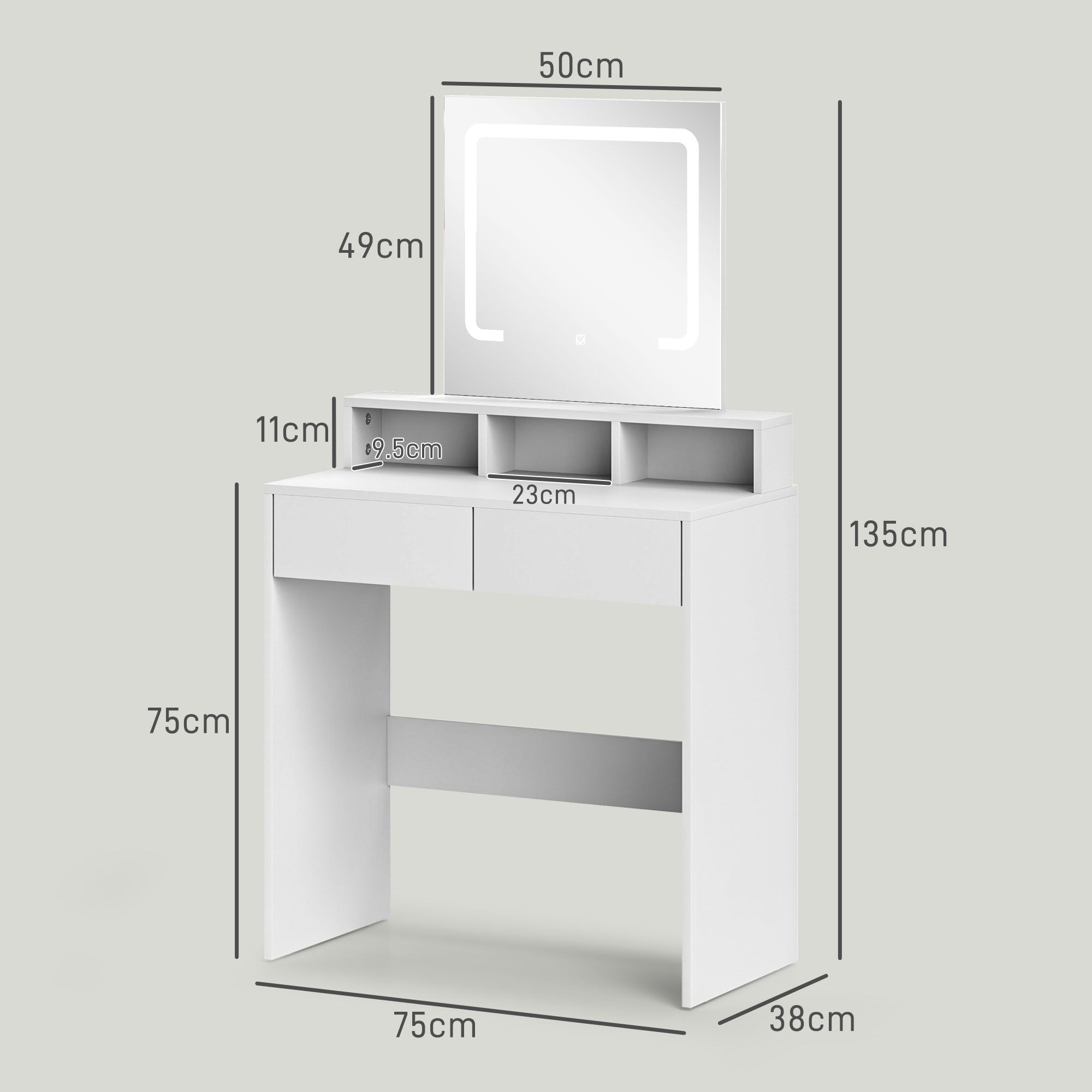 HOMCOM Dressing Table with Mirror and LED Lights, Vanity Table with 2 Drawers, 3 Compartments, 3 Colour Lighting, for Bedroom, Modern Dresser Makeup Desk for Women and Girls, White - North Peak Garden Furniture