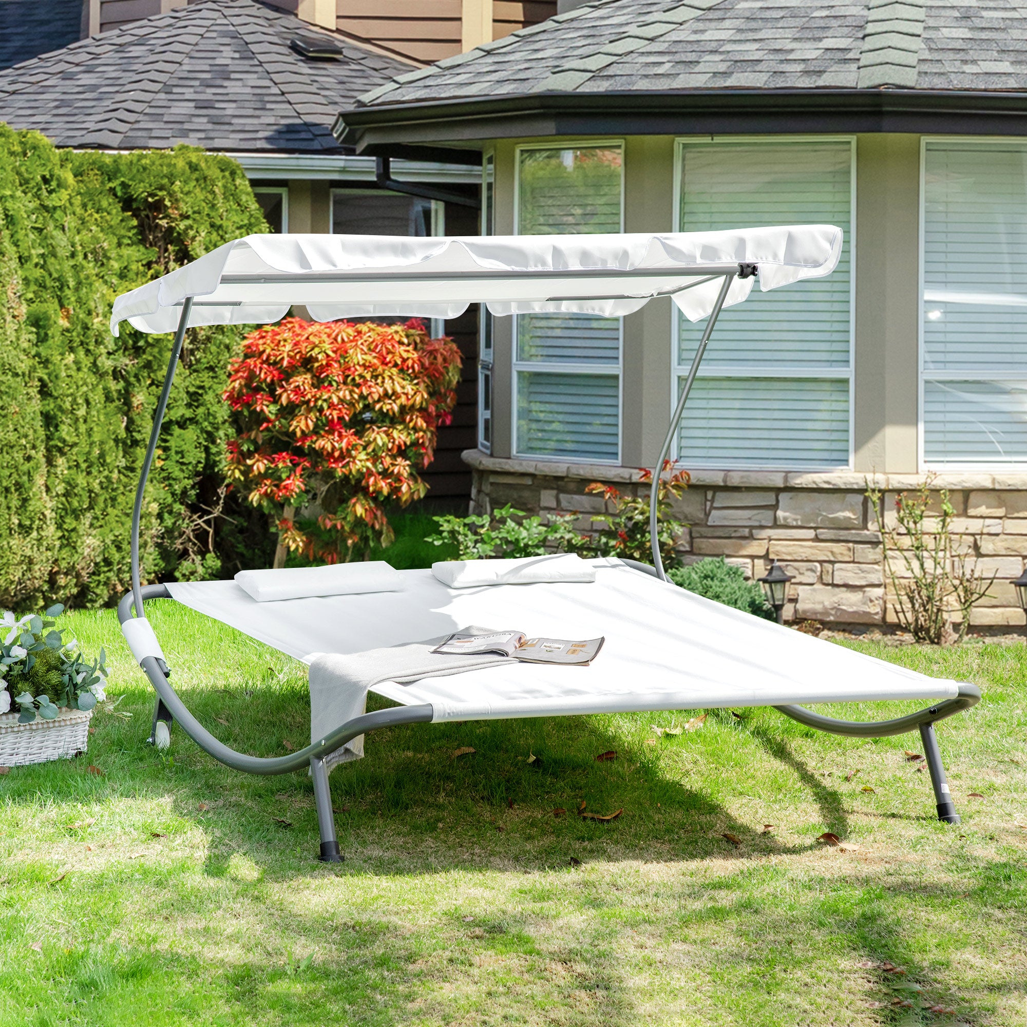 Outsunny Patio Double Hammock Sun Lounger Bed w/ Canopy Shelter, Wheels & 2 Pillows, White - North Peak Garden Furniture