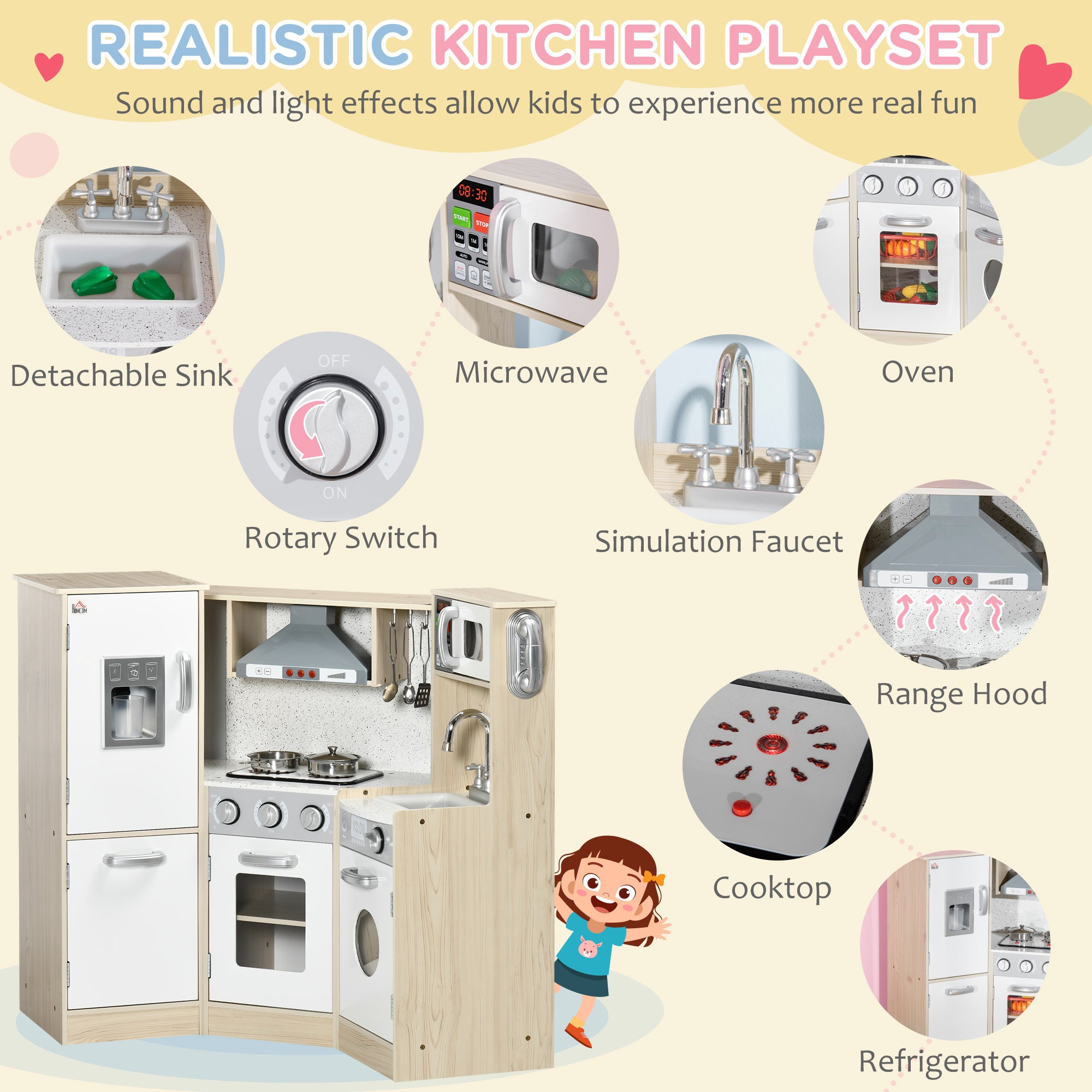 HOMCOM Kids Kitchen Playset, with Accessories, Storage Space - North Peak Garden Furniture