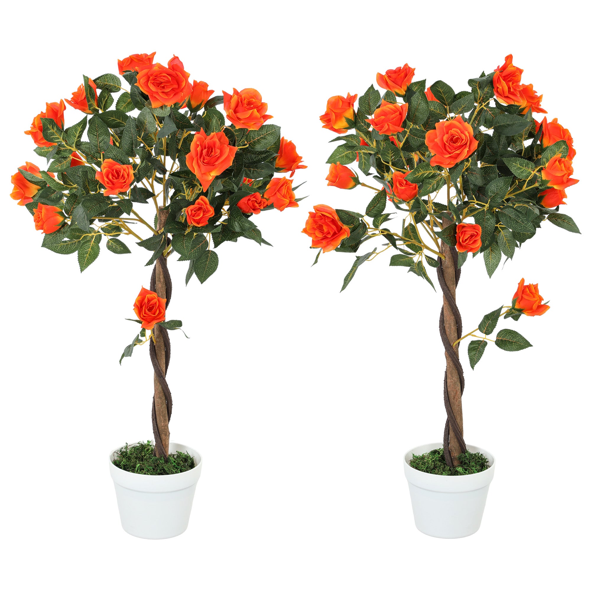 Outsunny Set of 2 Artificial Plants White Rose Floral in Pot, Fake Plants for Home Indoor Outdoor Decor, 90cm, Orange