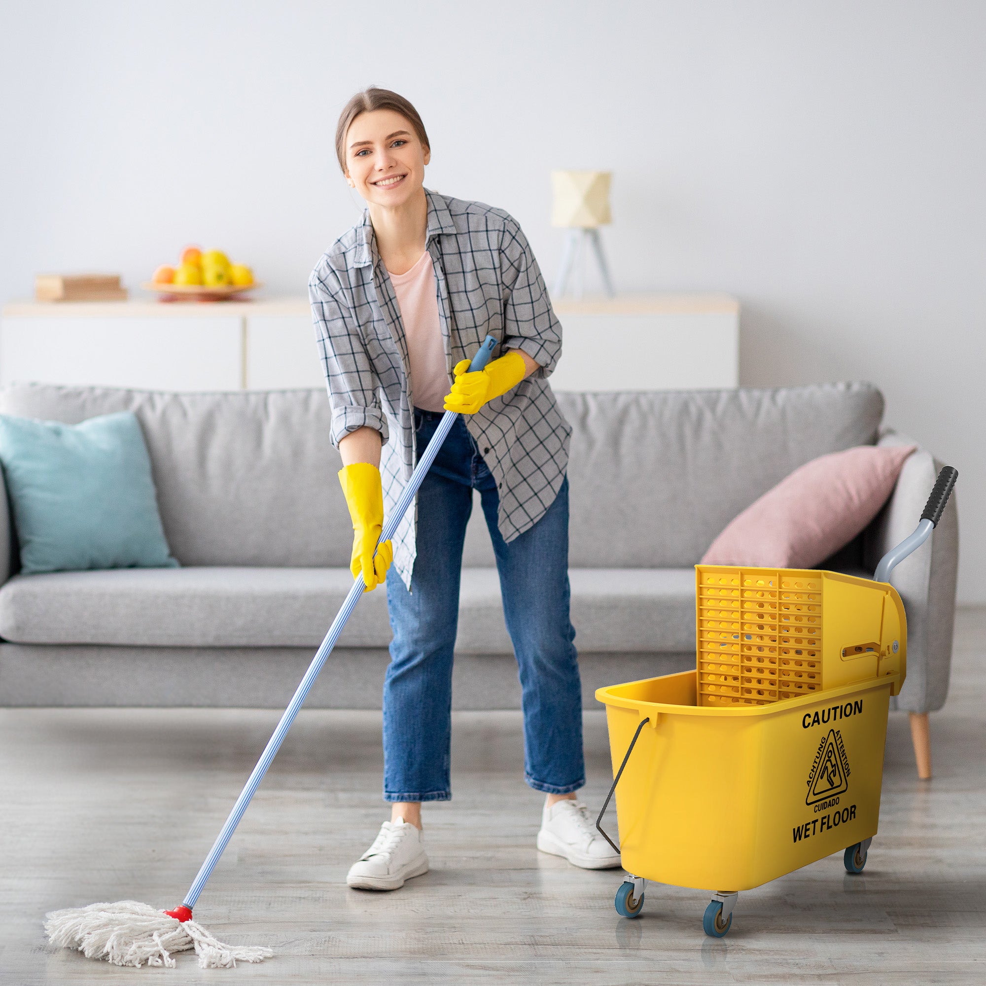 HOMCOM Mop Bucket with Wringer Set on Wheels for Floor Cleaning, 20 Litre Side Press Wringer with Handle and Mop, Yellow - North Peak Garden Furniture