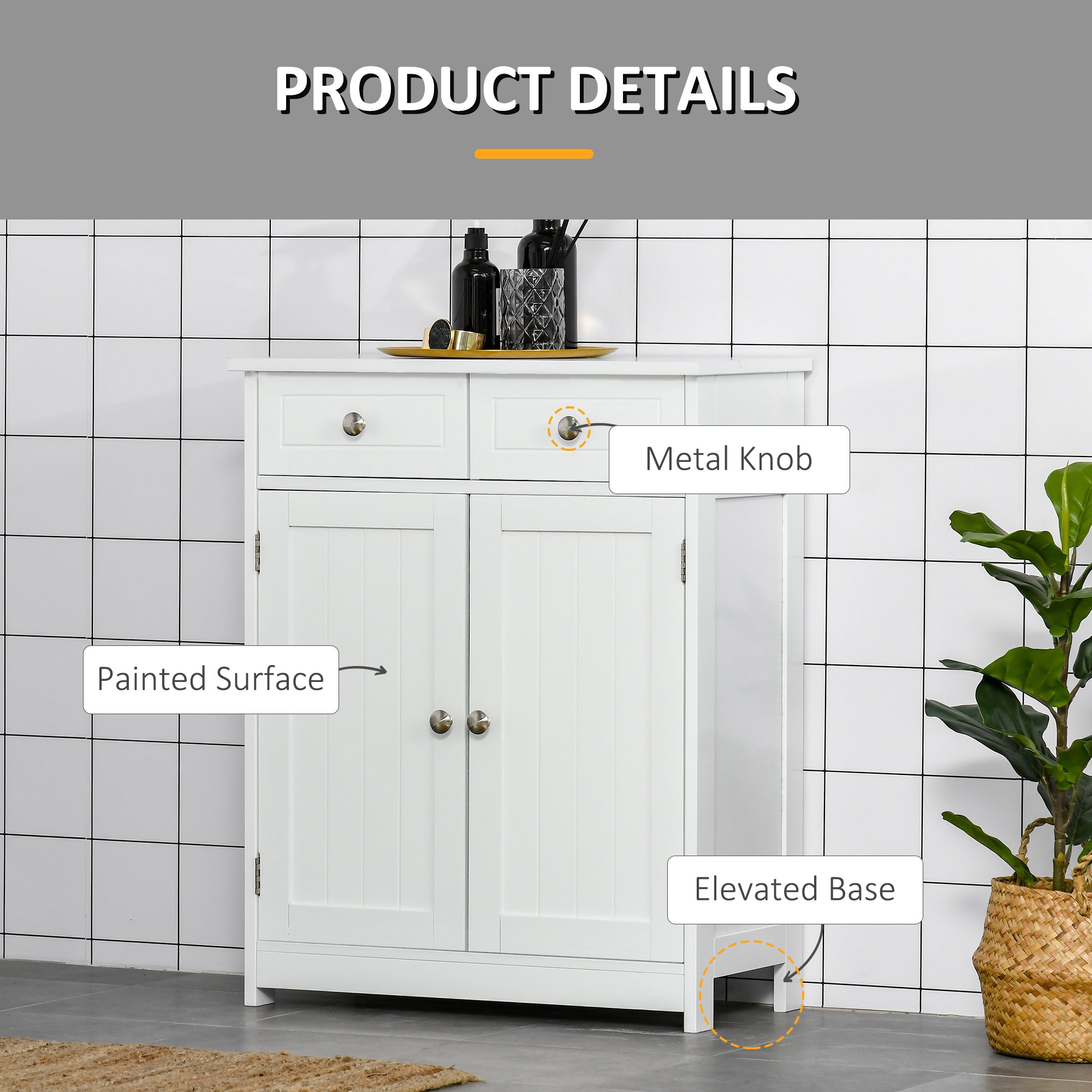kleankin 75x60cm Freestanding Bathroom Storage Cabinet Unit w/ 2 Drawers Cupboard Adjustable Shelf Metal Handles Traditional Style White - North Peak Garden Furniture
