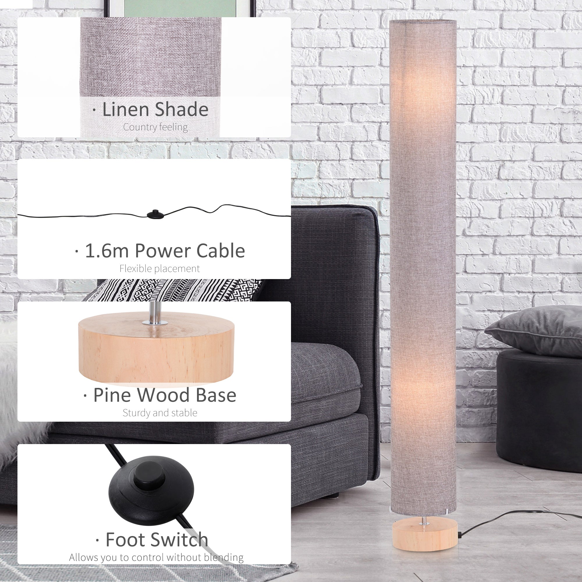 HOMCOM 47-Inch Modern Wooden Floor Lamp for Bedroom, Study or Living Space with Fabric Linen Shade (Grey) 120 CM - North Peak Garden Furniture