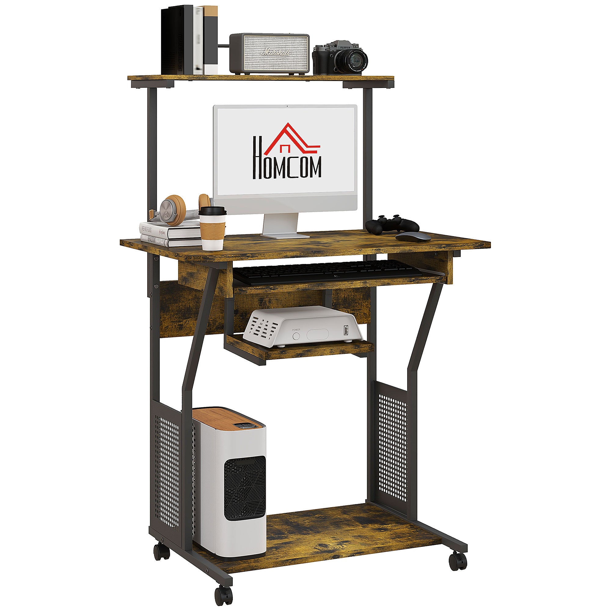 HOMCOM Multi-Storage Work Desk, with Sliding Keyboard Tray - Brown/Black - North Peak Garden Furniture