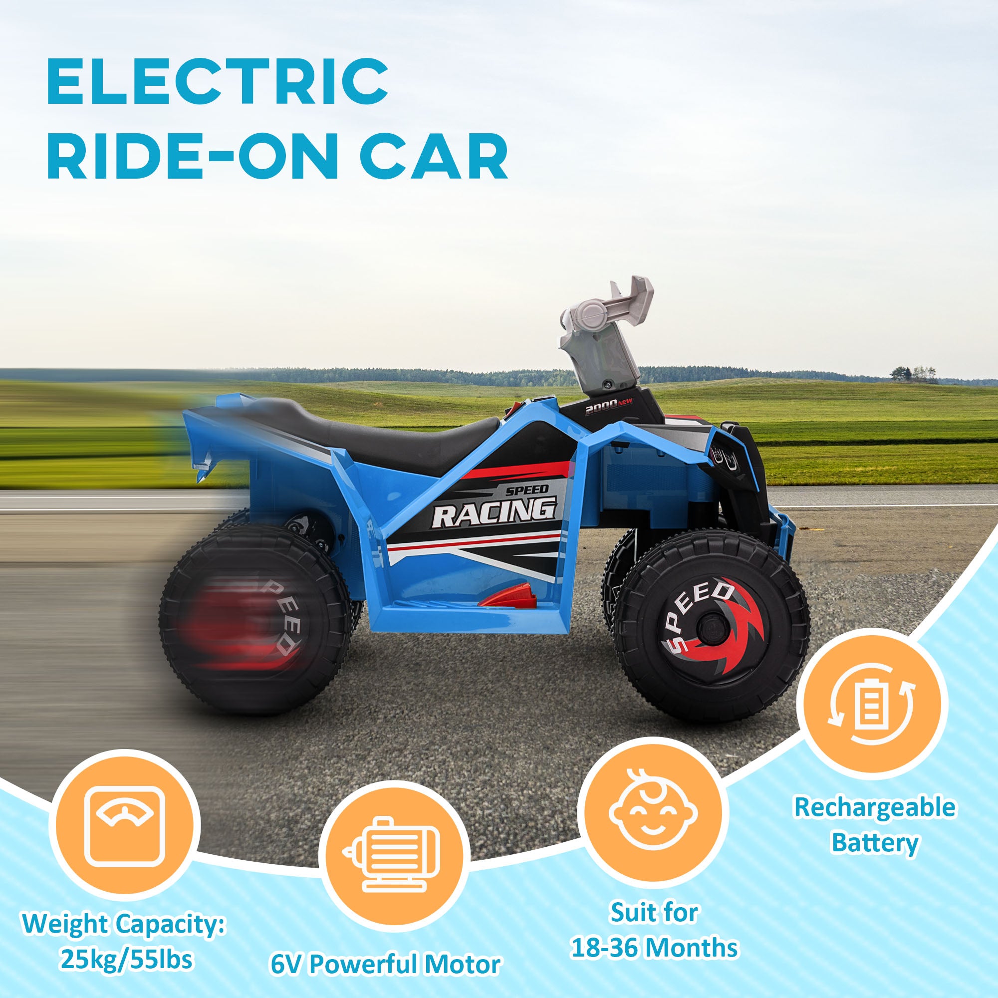 HOMCOM 6V Quad Bike with Wear-Resistant Wheels, Forward Backward Function, for Ages 18-36 Months, Blue - North Peak Garden Furniture