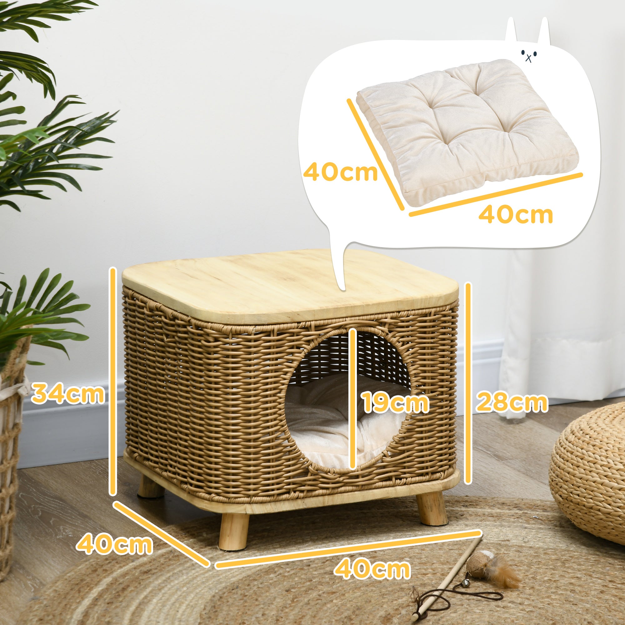 PawHut Elevated Design Wicker Cat House with Washable Cushion, Light Brown