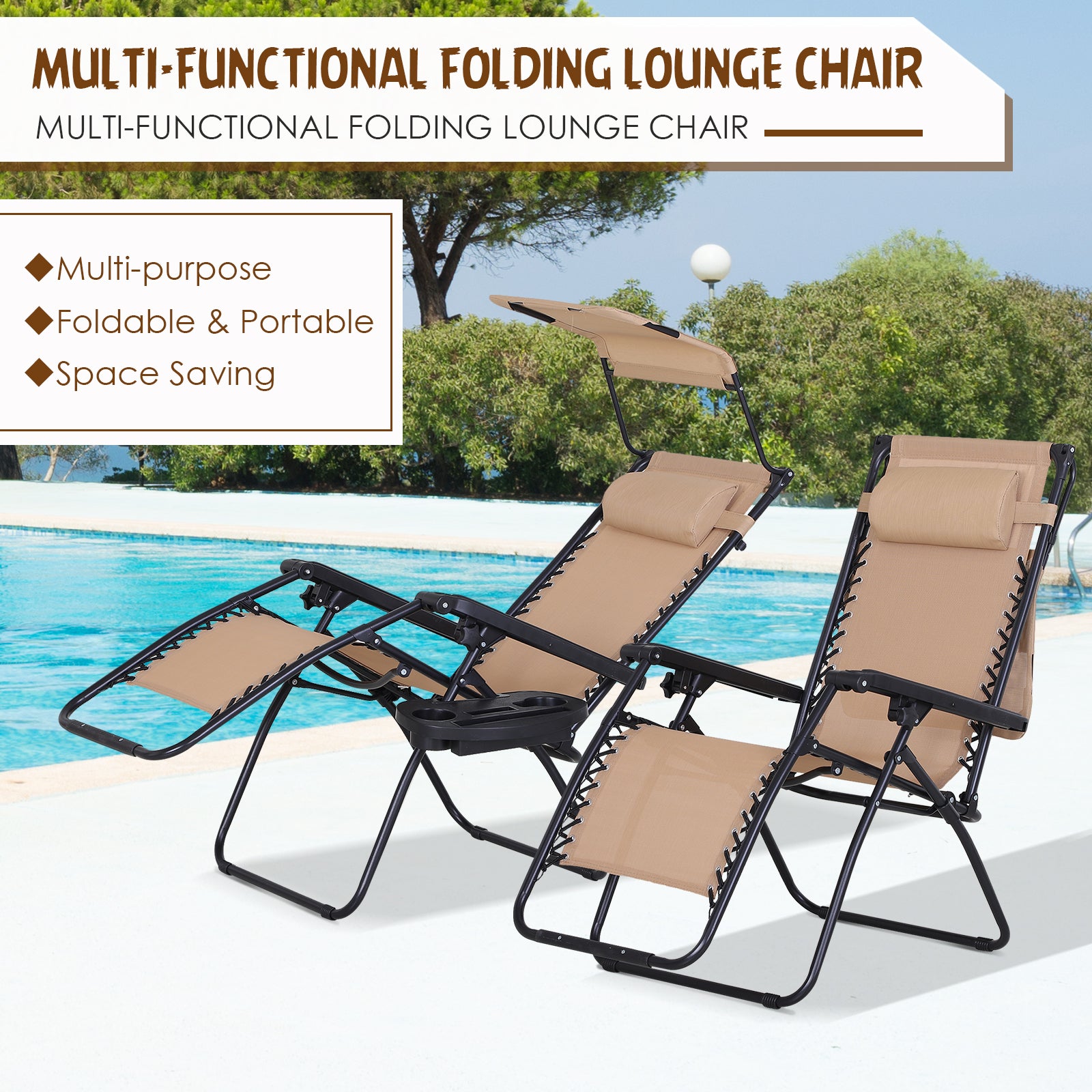 Outsunny Outdoor Zero Gravity Recliner Chair with Canopy Shade and Cup Holder, Folding Patio Sun Lounger, Beige