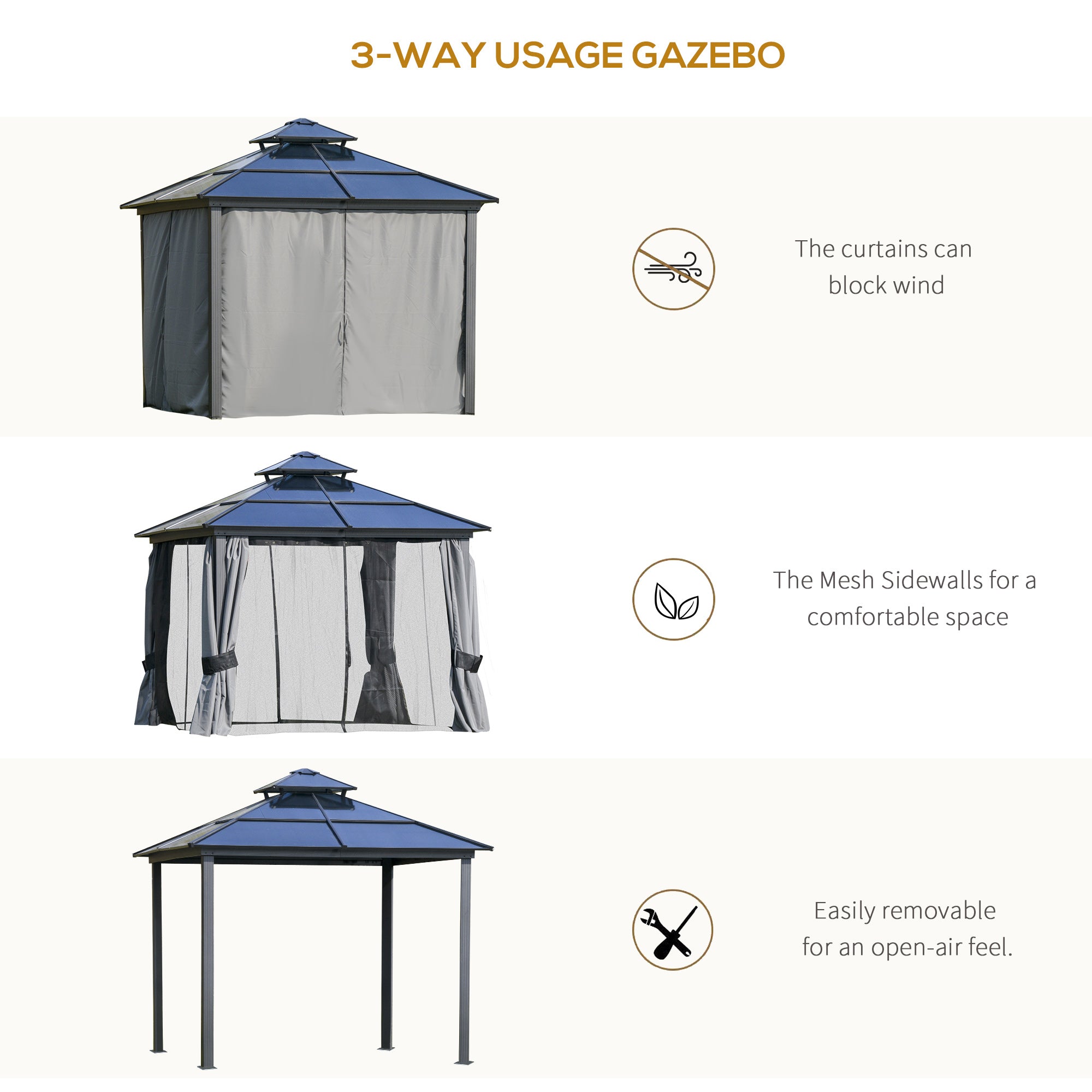 Outsunny Outdoor 3 x 3(m) Gazebo Cabana w/ Steel Frame & Net Sidewalls for Privacy