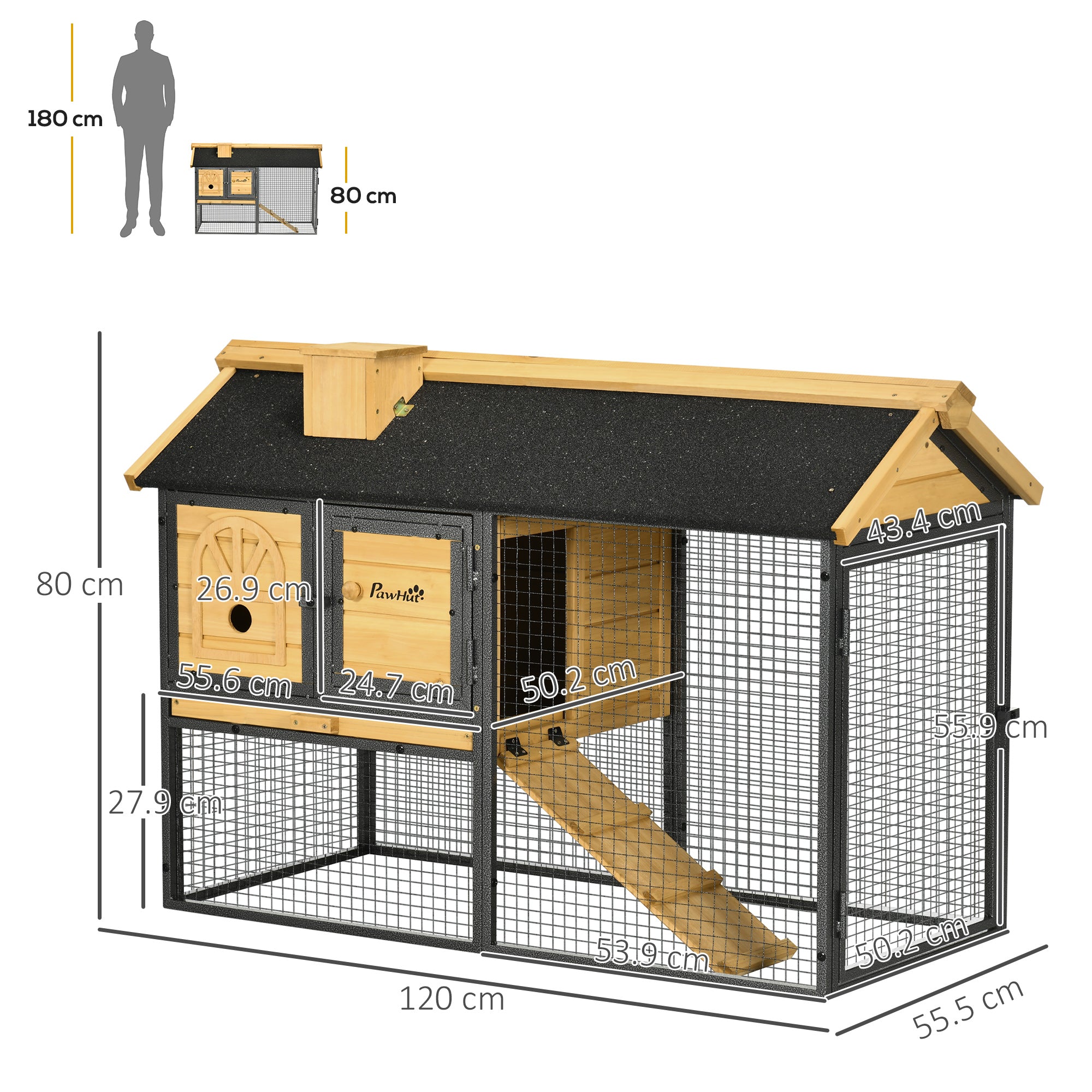 PawHut Outdoor Rabbit Hutch, with Run, Removable Tray, Asphalt Roof, 120 x 55.5 x 80cm - North Peak Garden Furniture