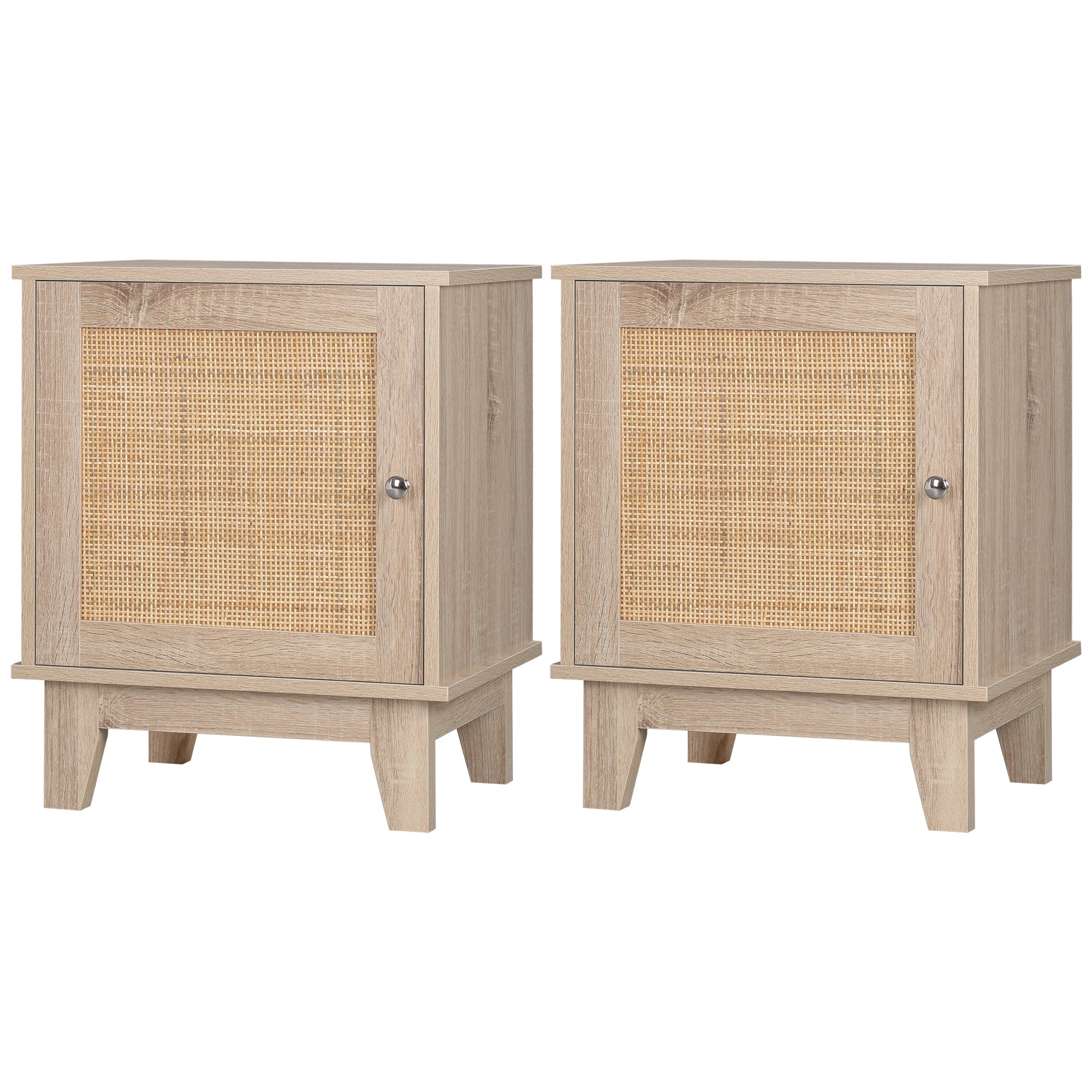 HOMCOM Bedside Table, Bedside Cabinet with Storage Cupboard, Side End Table with Rattan Element for Living Room, Bedroom, Set of 2, Natural