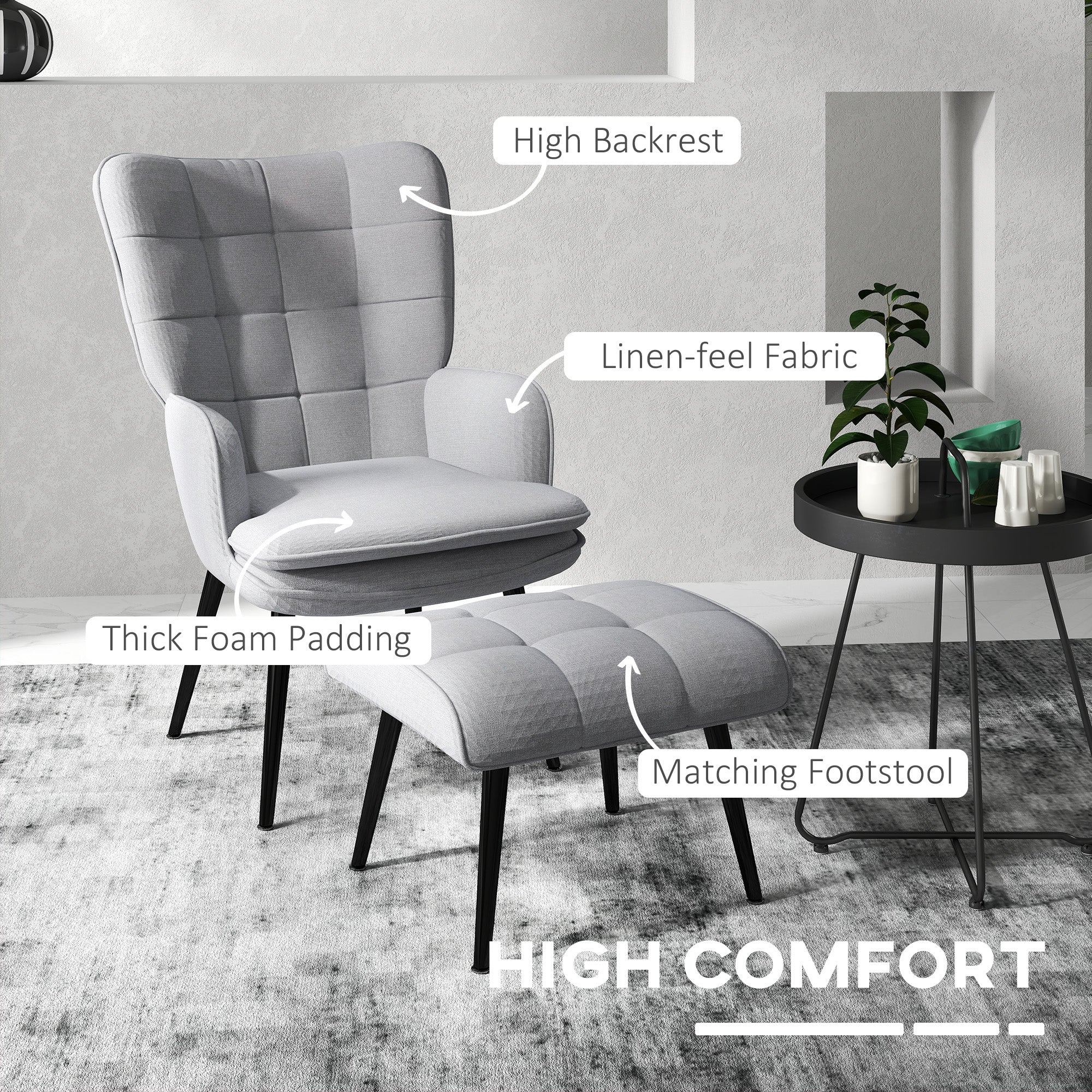 HOMCOM Armchair with Footstool, Living Room Chair, Linen Accent Chair for Bedroom, Home Study, Light Grey - North Peak Garden Furniture