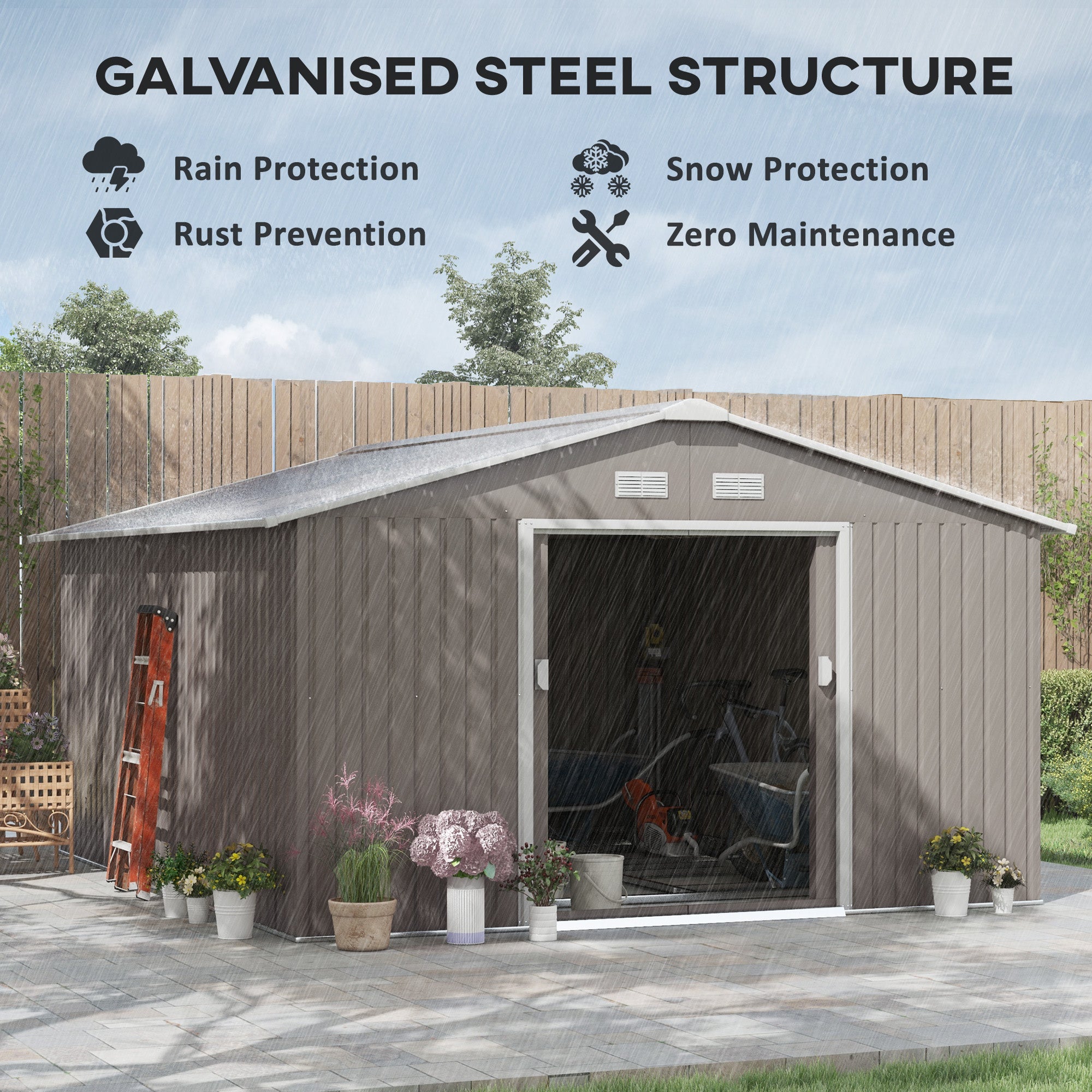 Outsunny 13 x 11ft Garden Metal Storage Shed Outdoor Storage Shed with Foundation Kit Ventilation & Doors, Light Grey - North Peak Garden Furniture