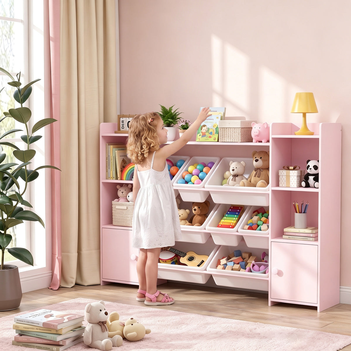 AIYAPLAY Kids Toy Organizers and Storage with 8 Removable Storage Bins and Bookshelf, Pink