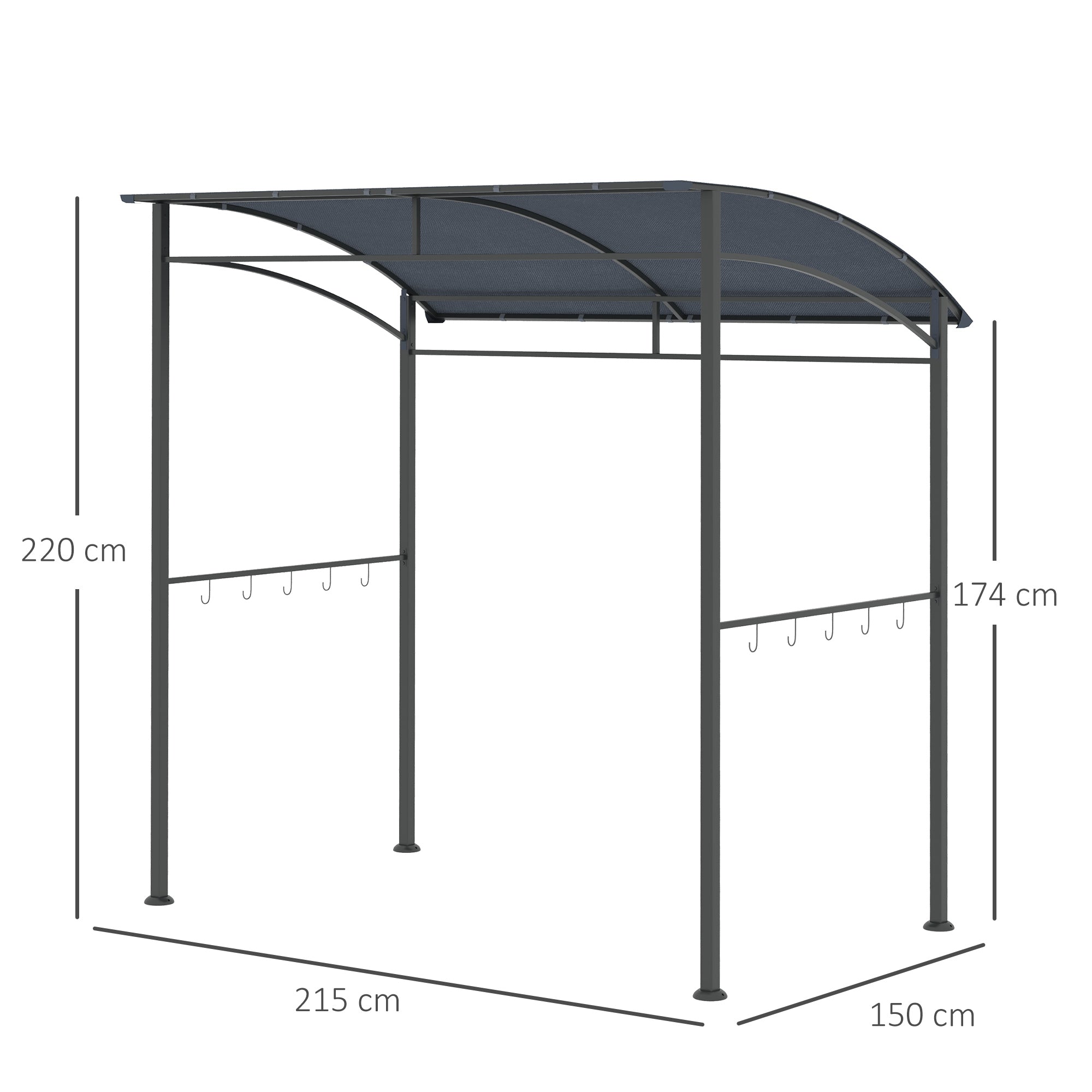Outsunny 2.2 x 1.5 m BBQ Grill Gazebo Tent, Garden Grill with Metal Frame, Curved Canopy and 10 Hooks, Outdoor Sun Shade, Dark Grey - North Peak Garden Furniture
