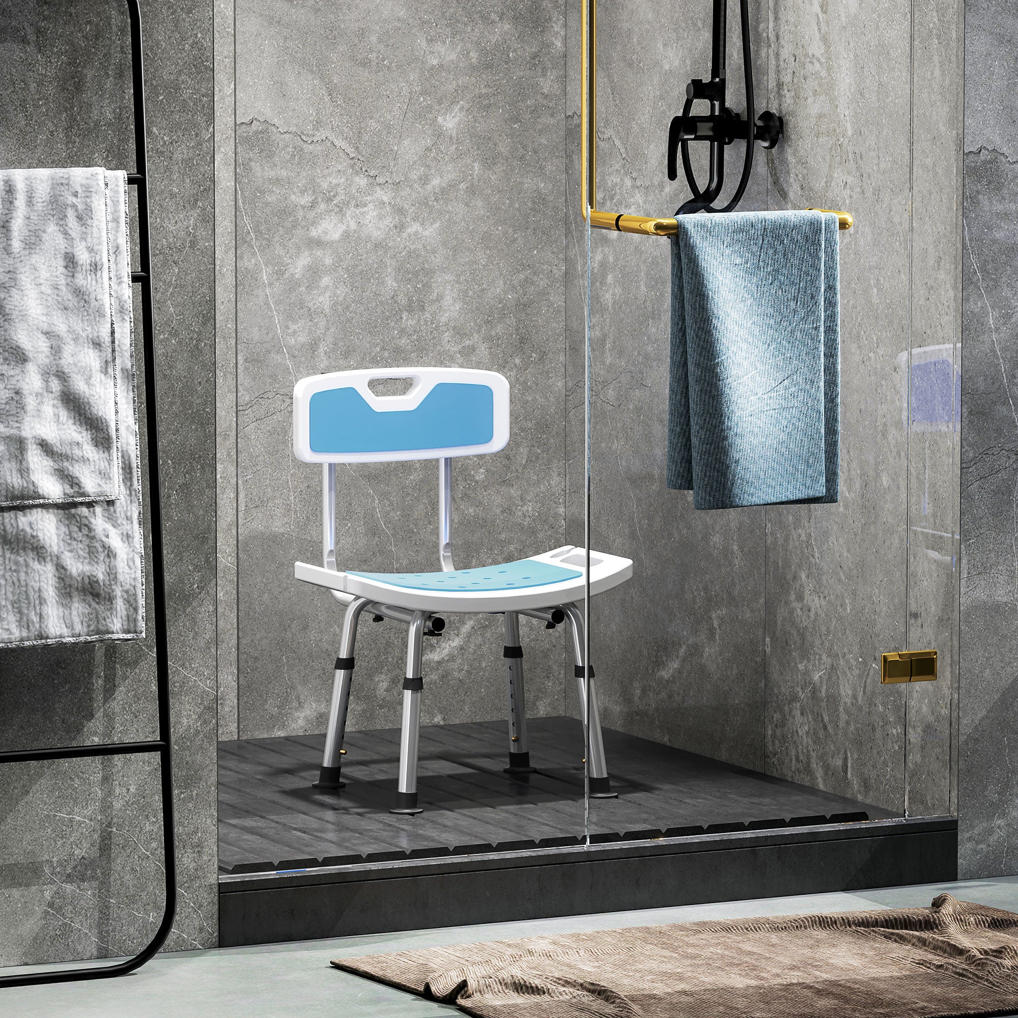 HOMCOM Shower Stool with Backrest, Height Adjustable Shower Chair with Anti-slip Foot Pads, Shower Head Holder, Light Blue - North Peak Garden Furniture