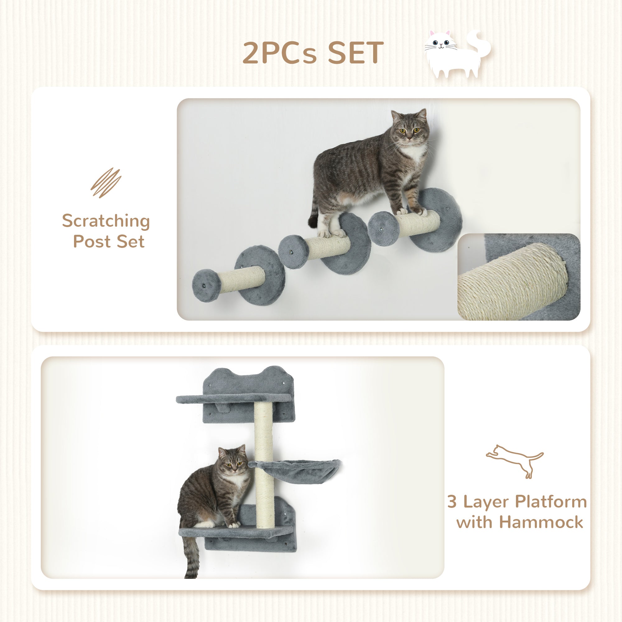 PawHut 4 Piece Cat Shelf with Scratching Post, Wall-Mounted Cat Tree for Indoor Cat - Grey - North Peak Garden Furniture