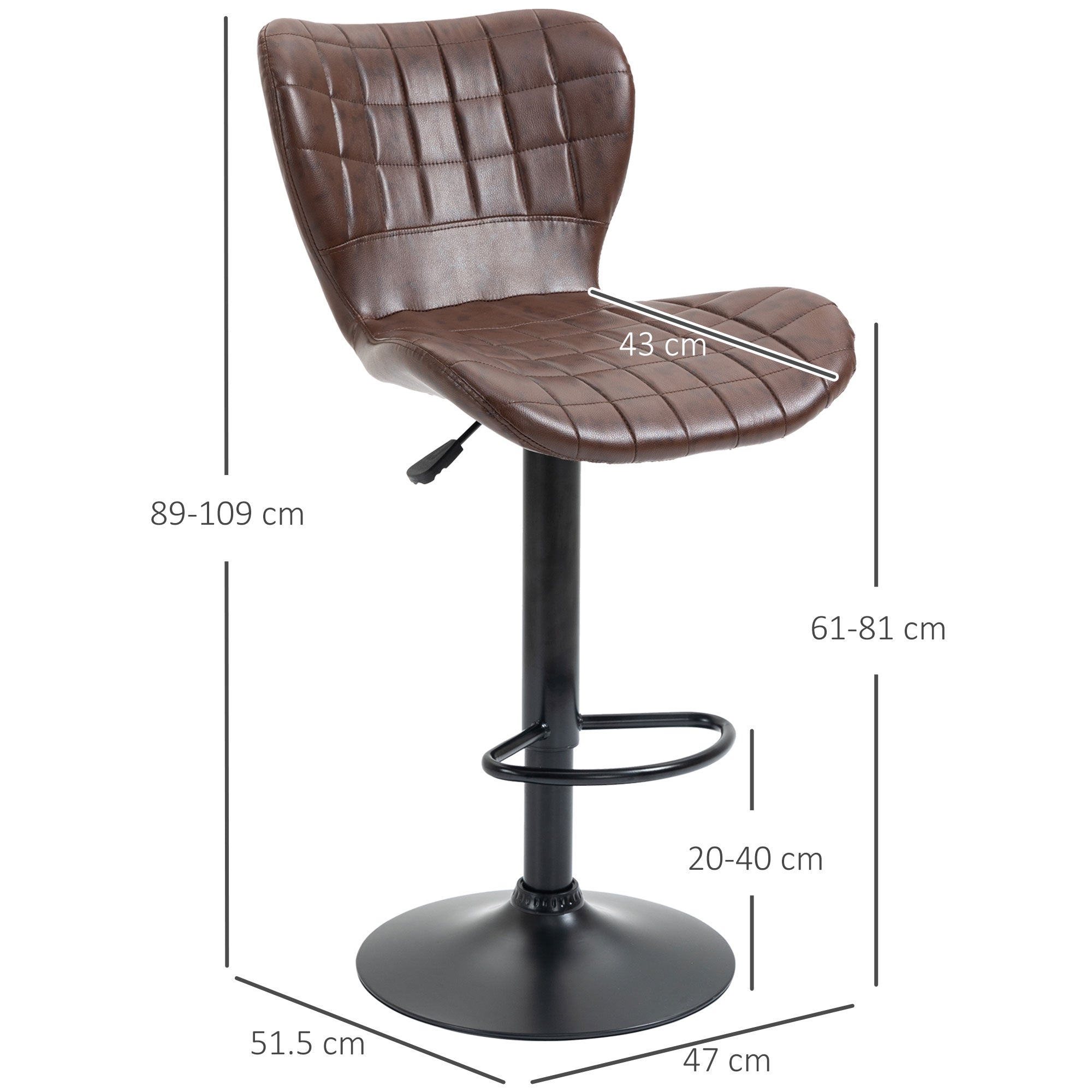 HOMCOM Bar Stools Set of 2 Adjustable Height Swivel Bar Chairs in PU Leather with Backrest & Footrest, Brown - North Peak Garden Furniture
