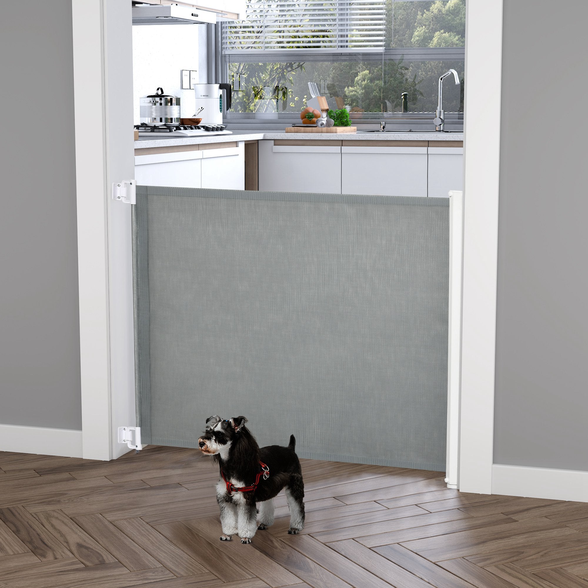 PawHut Retractable Safety Gate, Dog Pet Barrier, Folding Protector, for Home, Doorway, Stairs, 82.5H x 115Lcm - Grey - North Peak Garden Furniture