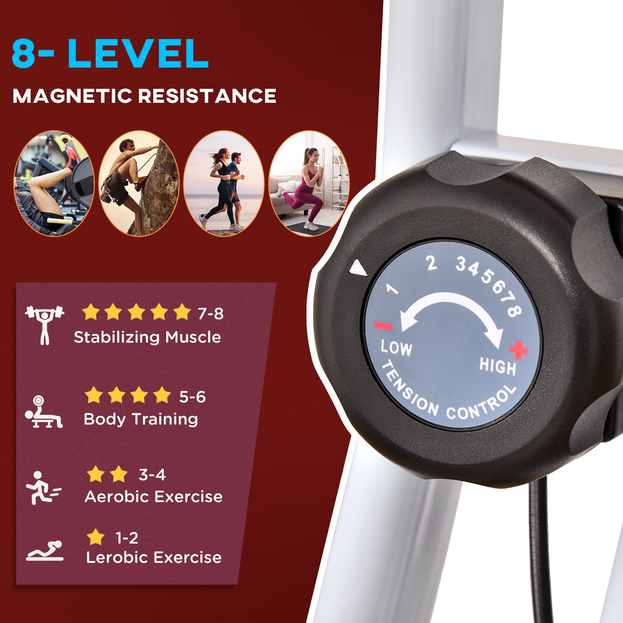 HOMCOM Exercise Bike Fitness Bicycle Indoor trainer Foldable 8-level Magnetic Resistance Adjustable w/LCD Monitor Pulse Sensor, Red - North Peak Garden Furniture