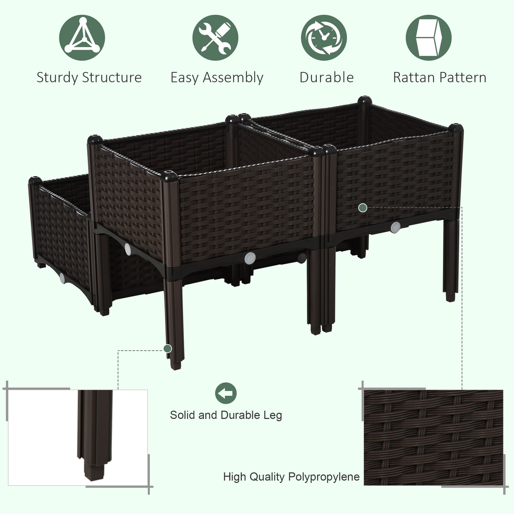 Outsunny Set of 4 26L Garden Raised Bed Elevated Patio Flower Plant Planter Box PP Vegetables Planting Container, Brown - North Peak Garden Furniture