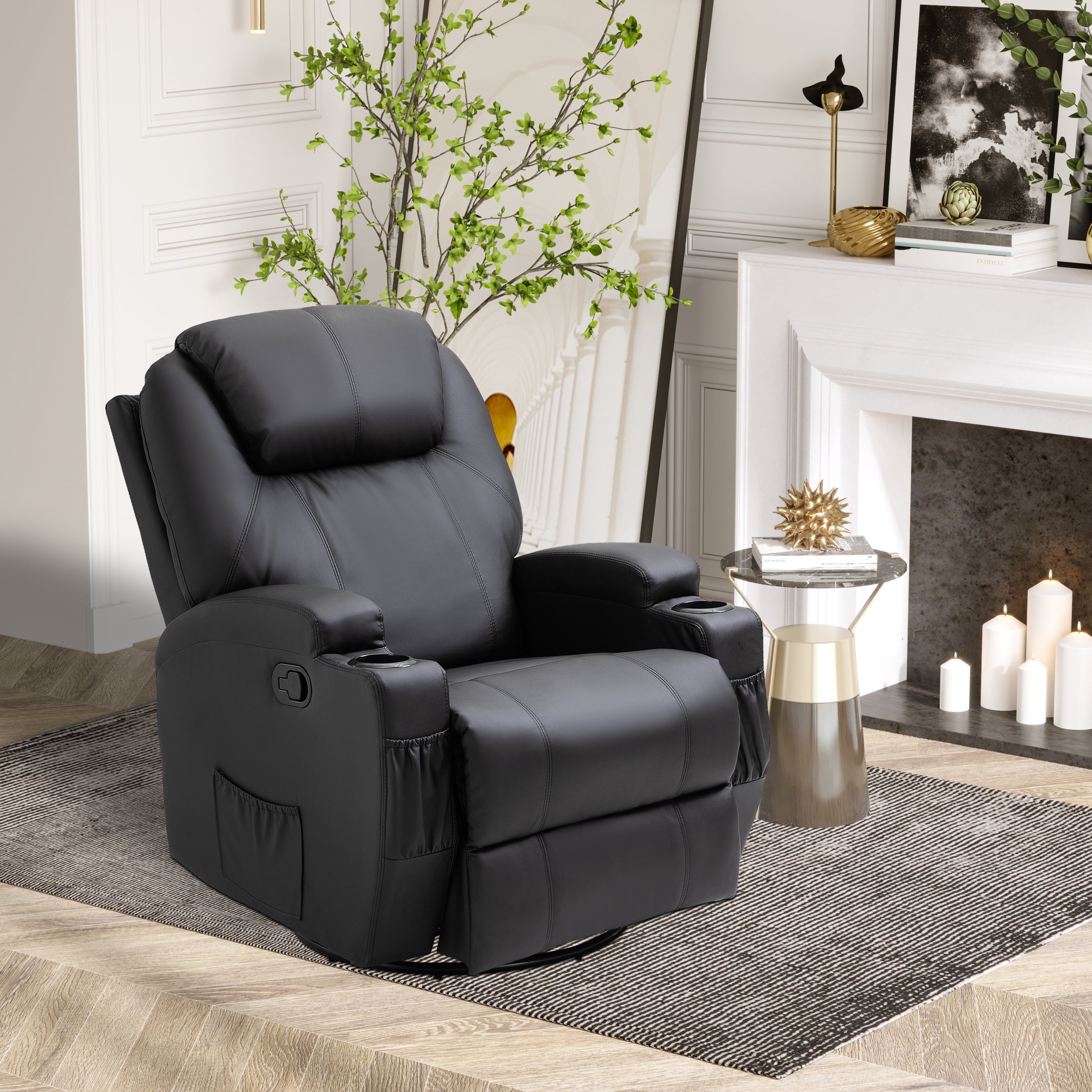 HOMCOM Recliner Armchair, Rocking Massage Swivel PU Leather Manual Reclining Chair with Adjustable Leg Rest, Drink Holders, Side Pocket, for Home Living Room Theater, Black