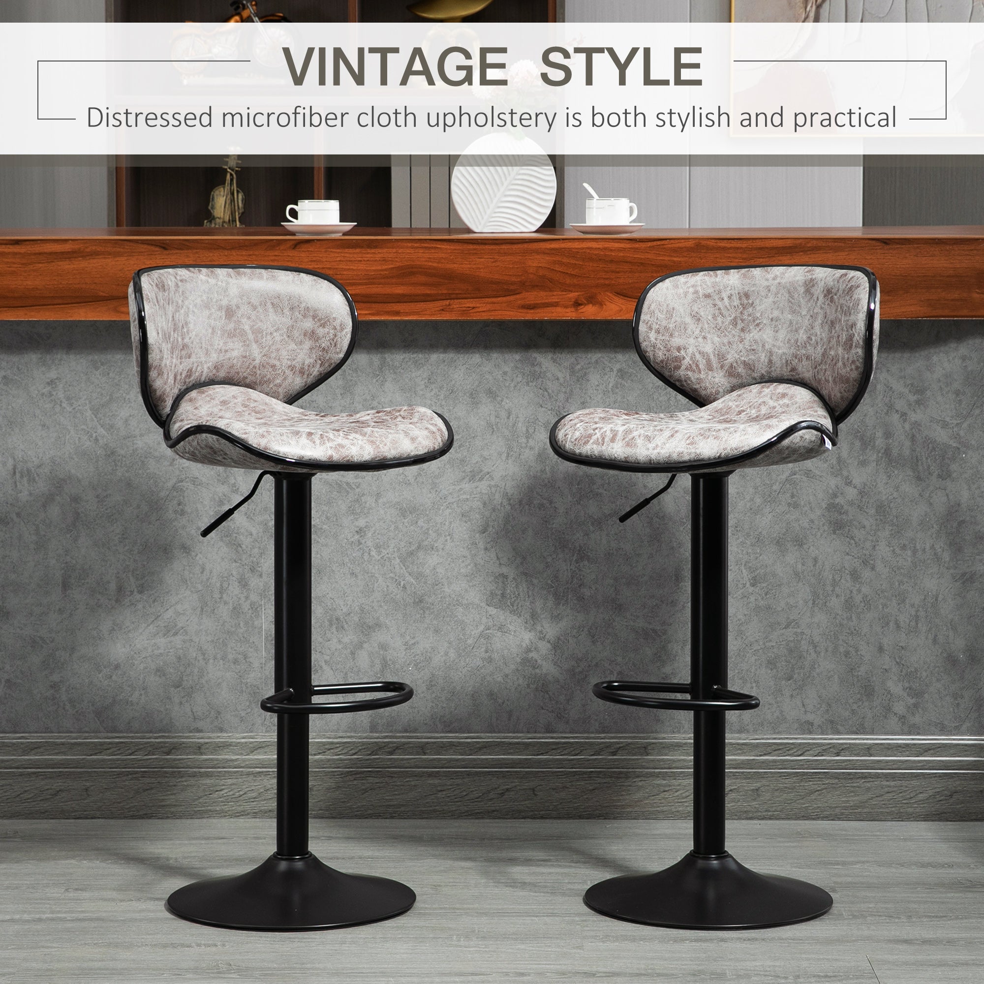 HOMCOM Bar Stool Set of 2 Microfiber Cloth Adjustable Height Armless Chairs with Swivel Seat, Grey - North Peak Garden Furniture