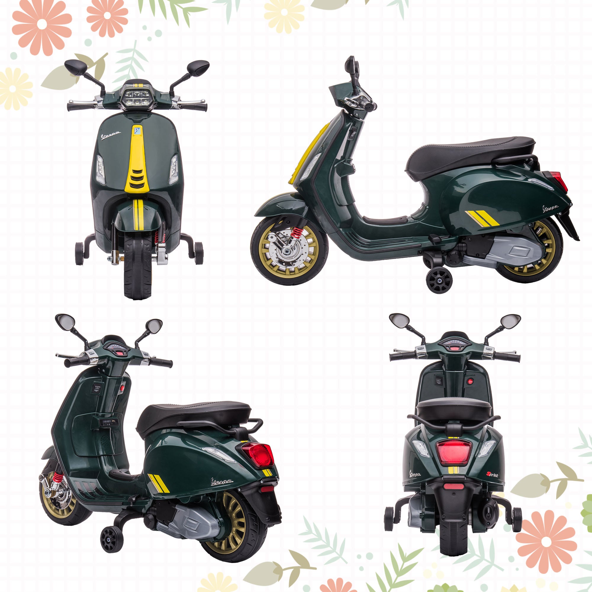 AIYAPLAY 12V Vespa Licensed Kids Electric Motorbike w/ Music, Headlights, FM Radio, for 3-6 Years - Green - North Peak Garden Furniture