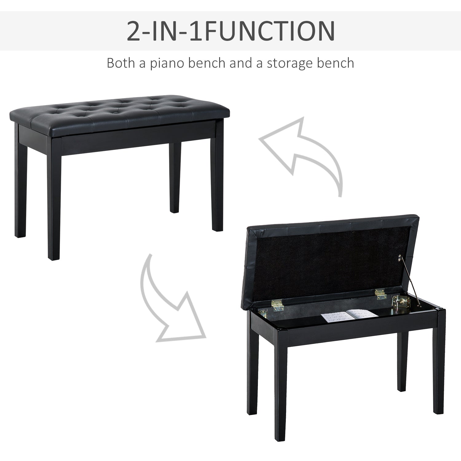 HOMCOM PU Leather Upholstered Piano Stool Makeup Stool Bench Dressing Table Seat with Storage 76x36x50cm, Black - North Peak Garden Furniture