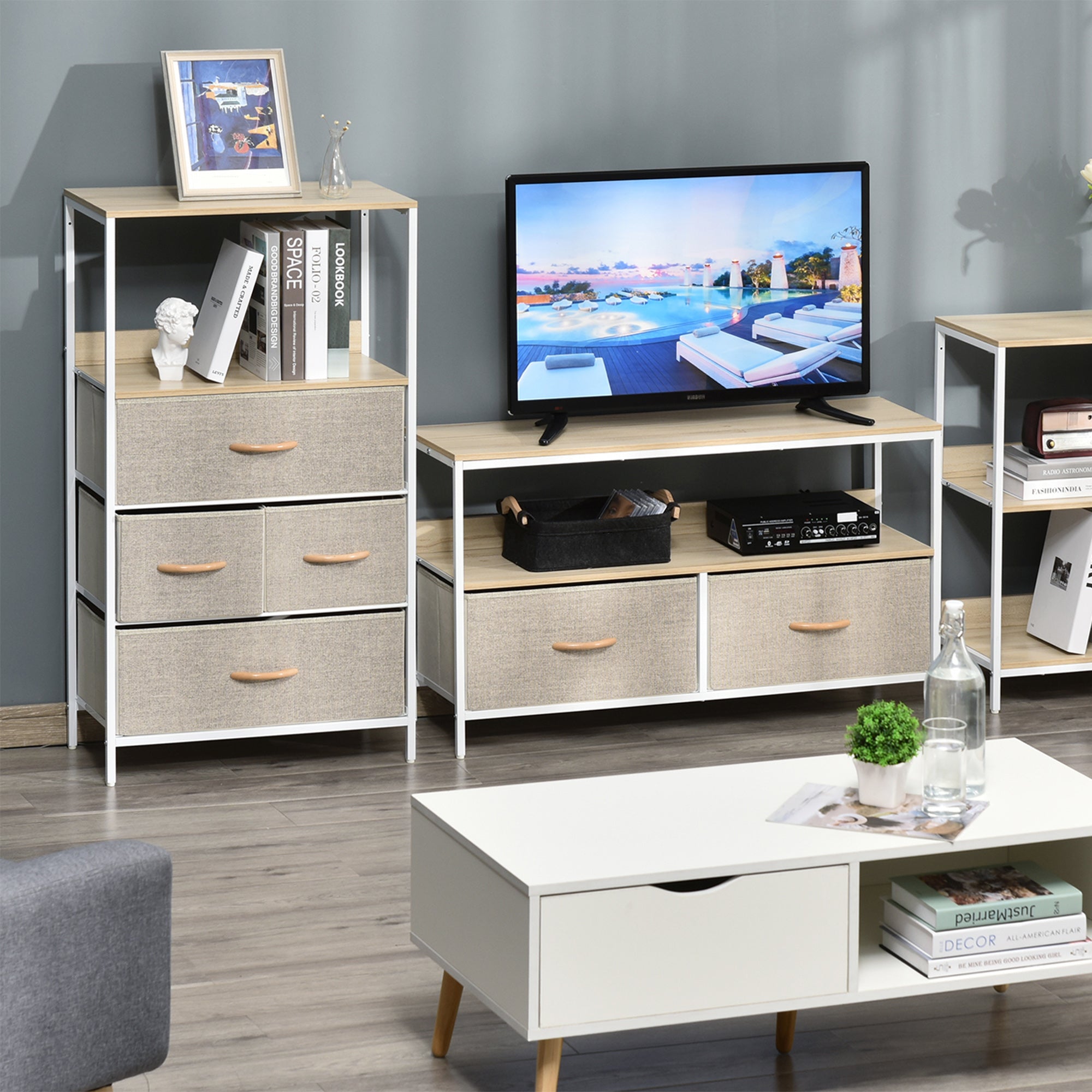 HOMCOM 4 Drawer Storage Chest Unit Home Cabinet w/ Shelves Home Living Room Bedroom Entryway Living Furniture, Light Grey - North Peak Garden Furniture