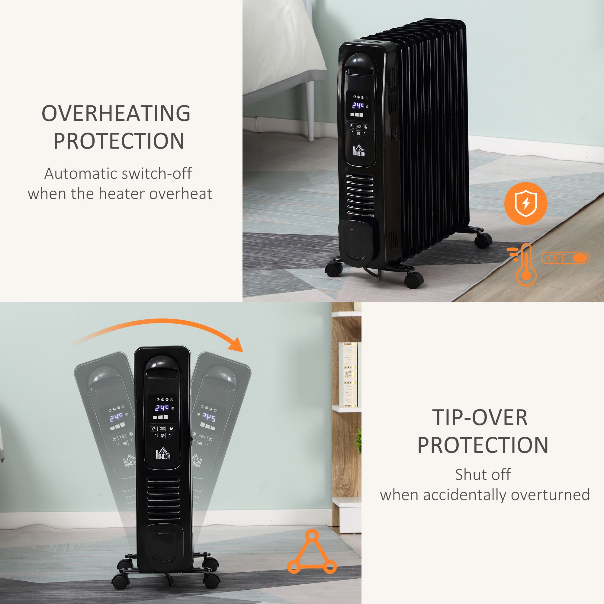 HOMCOM 2500W Digital Display Oil Filled Radiator, 11Fin Portable Electric Heater with Timer, Adjustable Thermostat, Three Heat settings, Safety Cut Off, Remote, Black - North Peak Garden Furniture