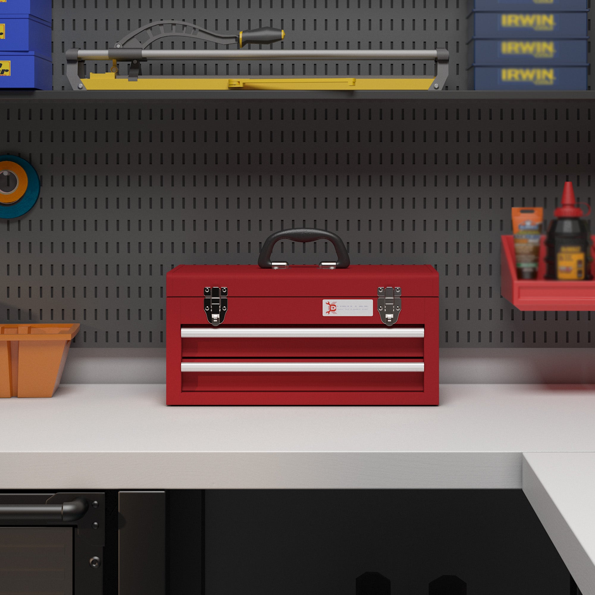 DURHAND Lockable Metal Tool Box, 2 Drawer Tool Chest with Latches, Handle, Ball Bearing Runners, Red - North Peak Garden Furniture