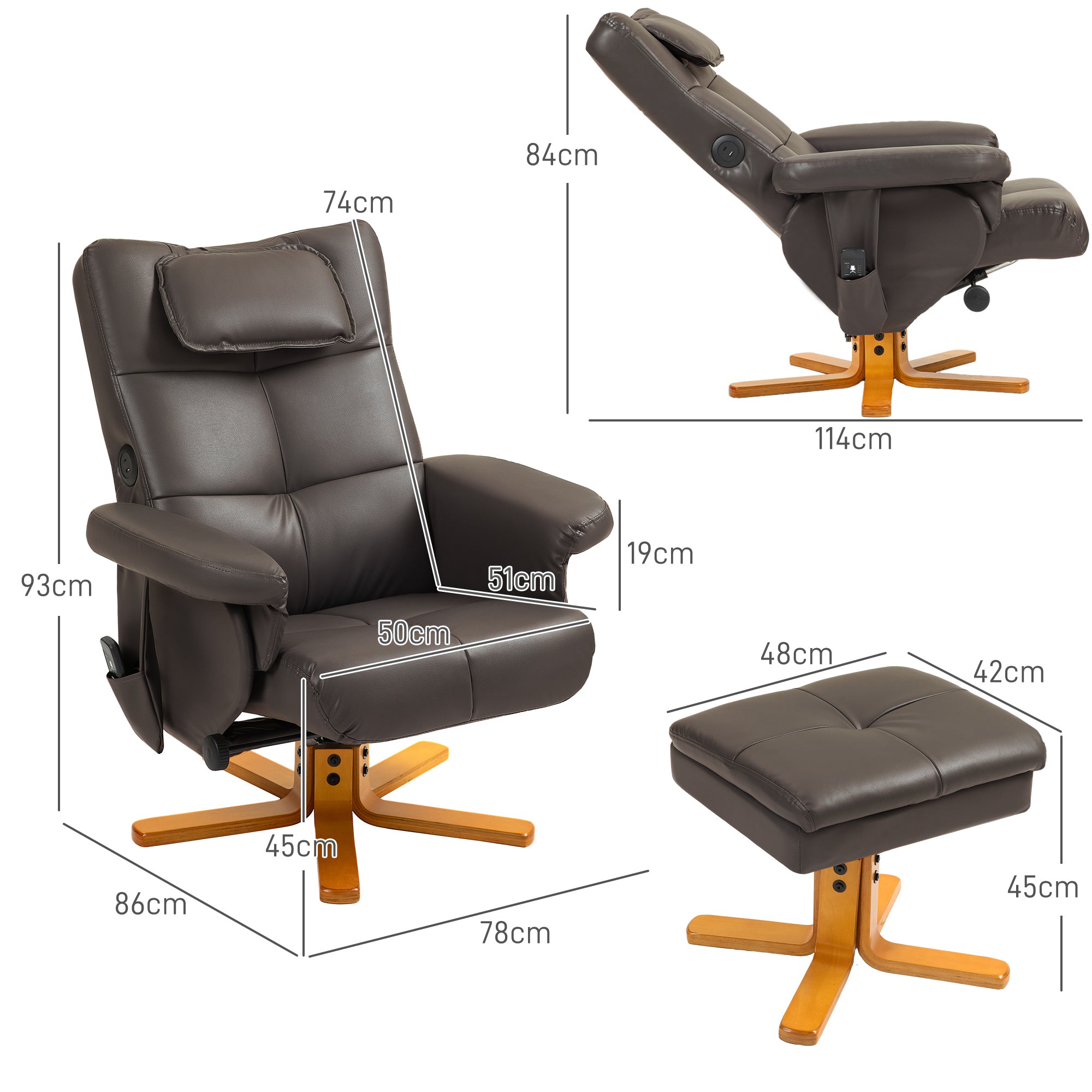 HOMCOM Faux Leather Massage Recliner Chair, with Storage Ottoman - Brown - North Peak Garden Furniture