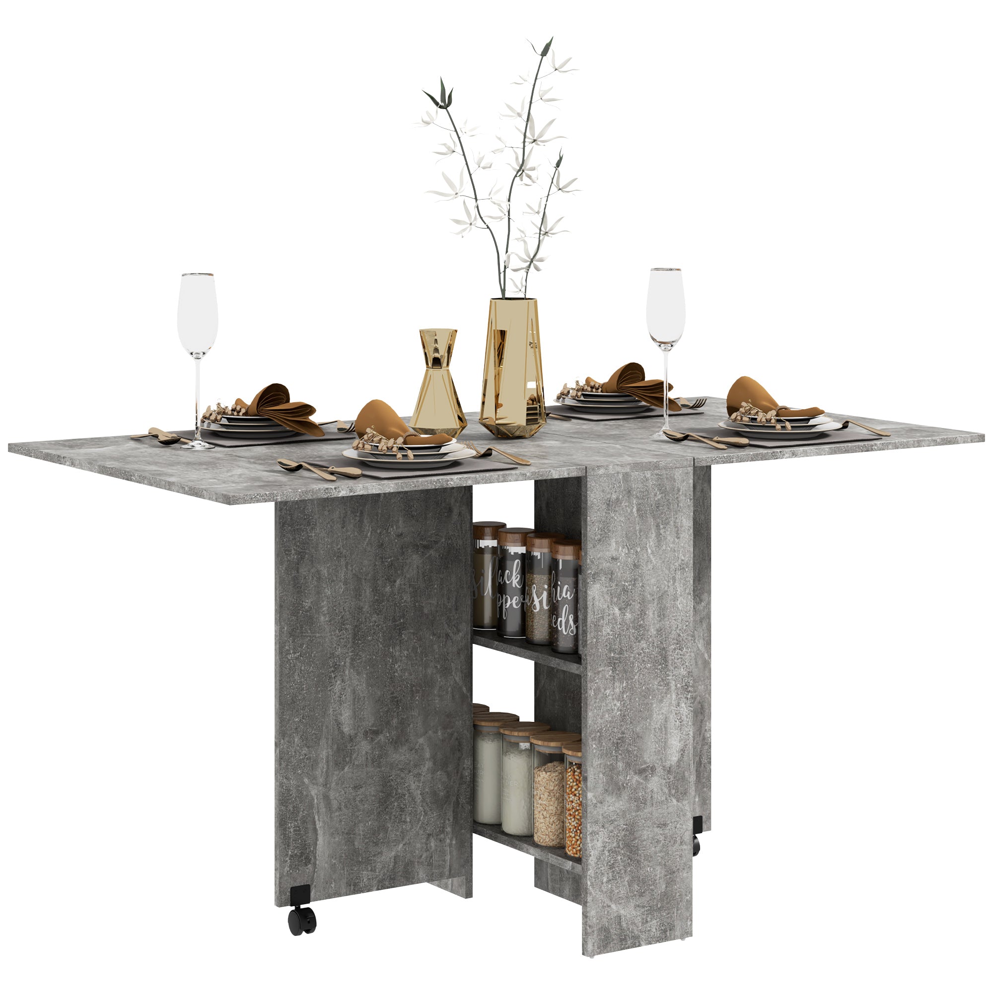 HOMCOM Folding Dining Table, Drop Leaf Table for Small Spaces with 2-tier Shelves, Small Kitchen Table with Rolling Casters, Cement Grey - North Peak Garden Furniture