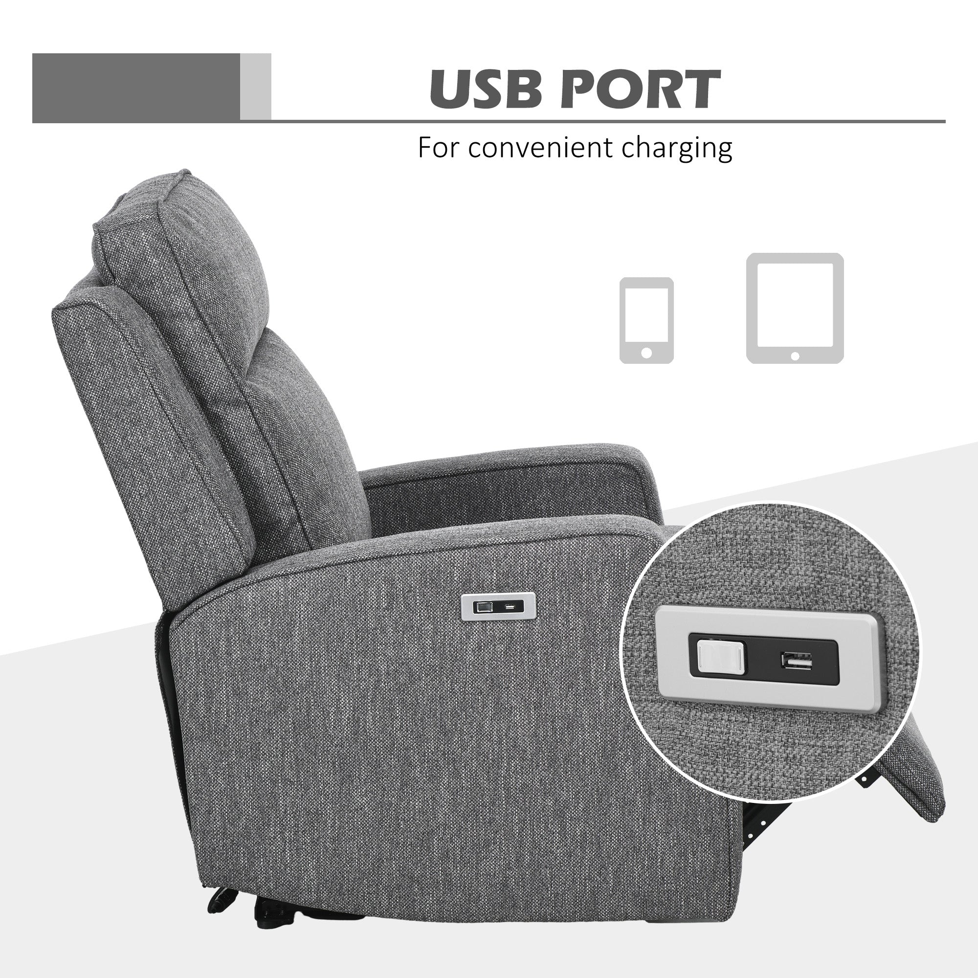 HOMCOM 150° Electric Reclining Chair, with USB port and Footrest - Charcoal Grey - North Peak Garden Furniture