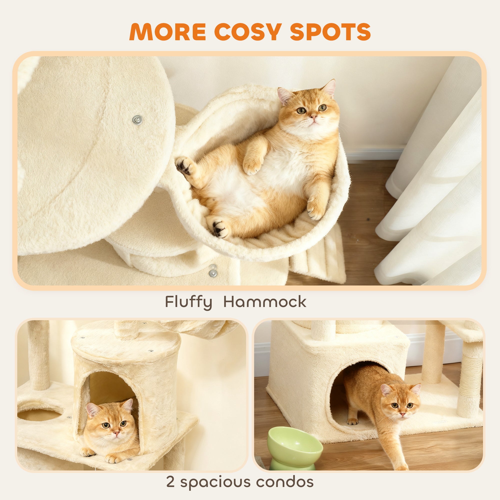 PawHut 170 cm Large Cat Tree, Cat Tower with 7 Scratching Posts, Tunnel, 2 Condos, Hammock, Perch, Ramp, Pompoms, Beige
