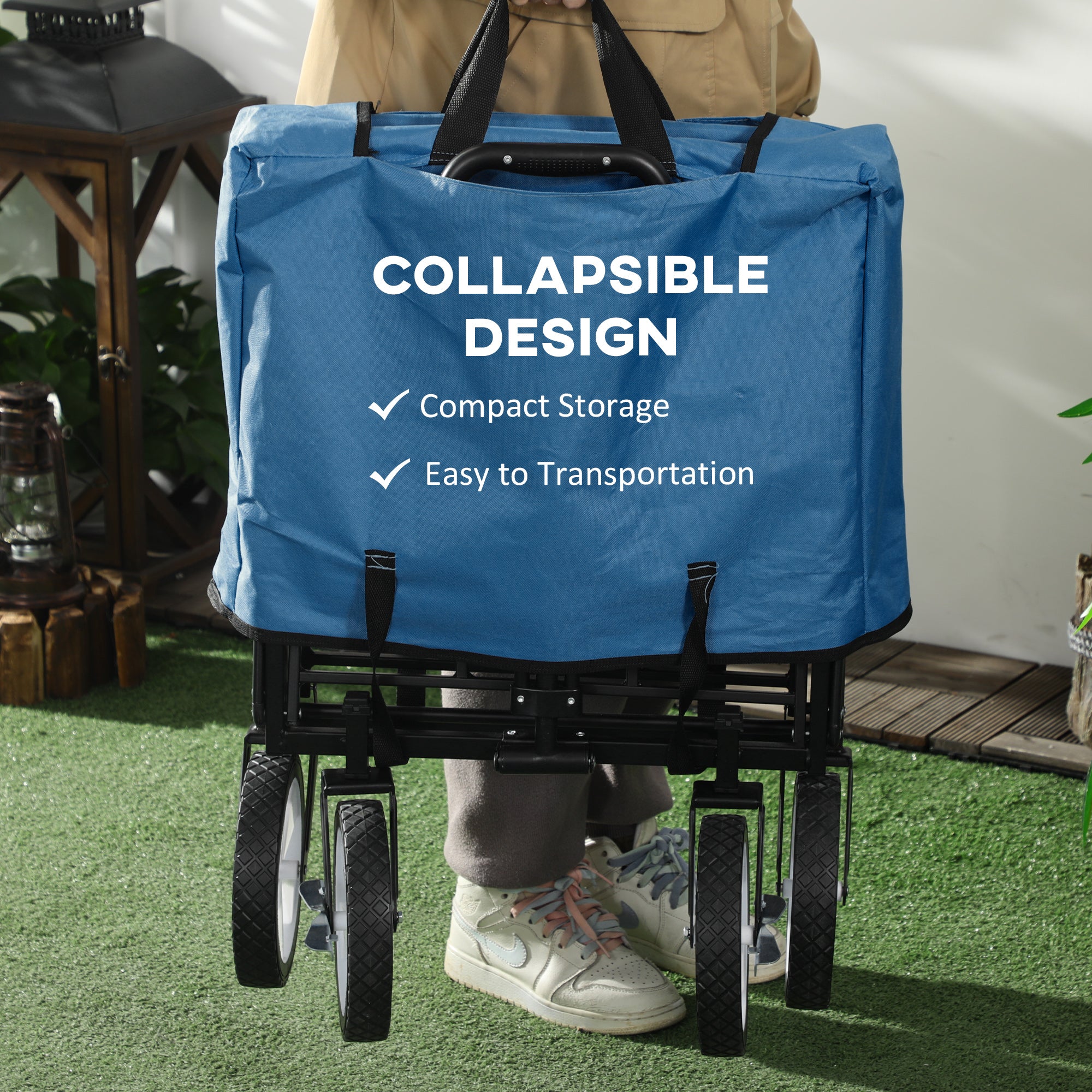Outsunny 90L Folding Garden Trolley Cart Pull Along Wagon with Telescopic Handle for Beach Camping Festival - Navy Blue - North Peak Garden Furniture