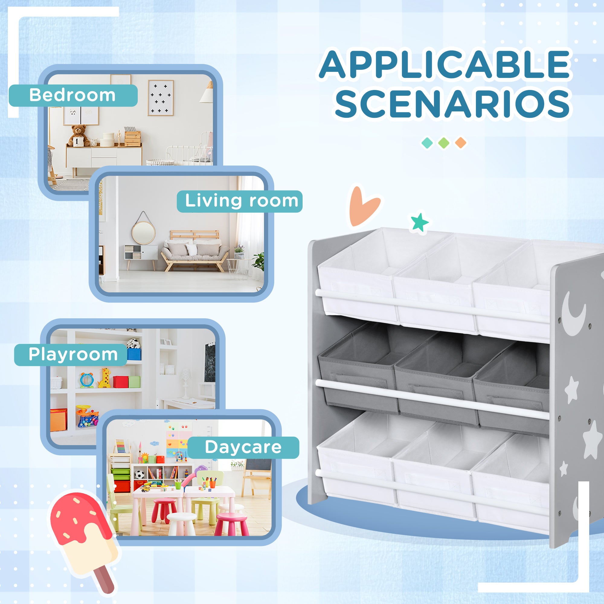 ZONEKIZ Kids Storage Rack, with Nine Removable Baskets, for Nursery, Bedroom, Playroom - Grey - North Peak Garden Furniture