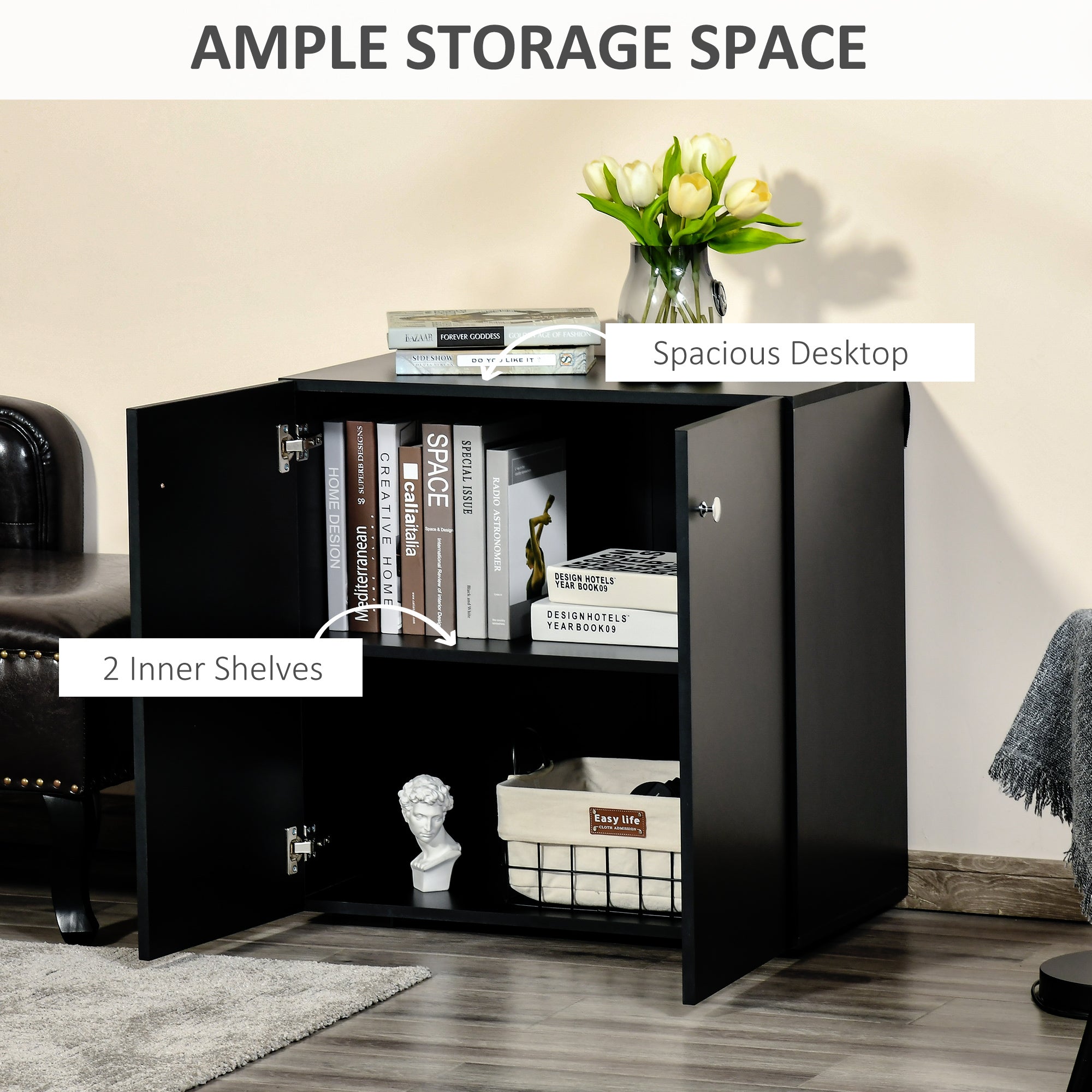HOMCOM Storage Cabinet w/ Two Shelves Wooden Sideboard Freestanding Kitchen Cupboard Bookcase - Black - North Peak Garden Furniture