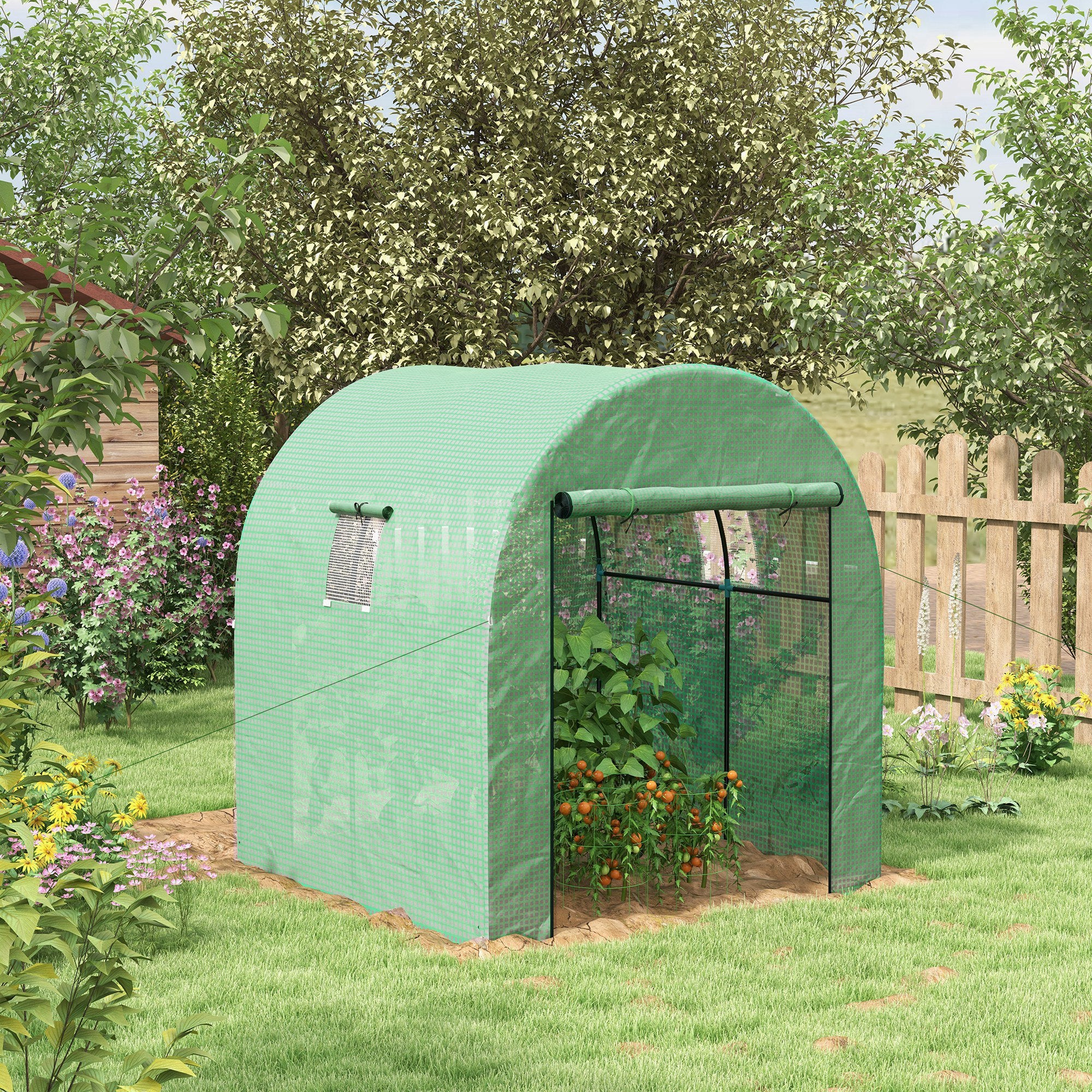 Outsunny Polytunnel Greenhouse Walk-in Grow House with UV-resistant PE Cover, Doors and Mesh Windows, 1.8 x 1.8 x 2m, Green - North Peak Garden Furniture