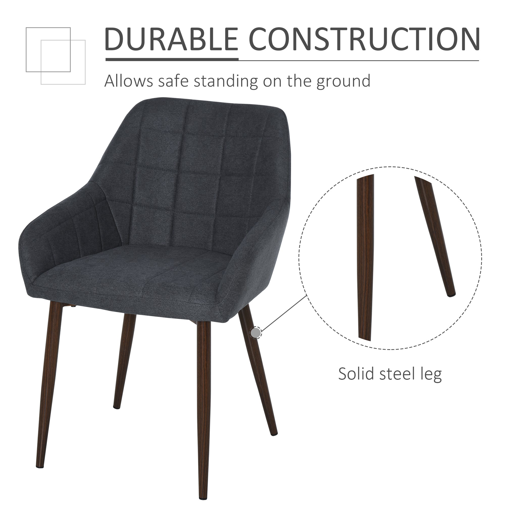 HOMCOM 2 Pieces Linen-Touch Fabric Dining Chair with Grid Pattern Cushion and Backrest, Mid Back Leisure Chair with Steel Leg, Sponge Padded Armchair for Dining Room