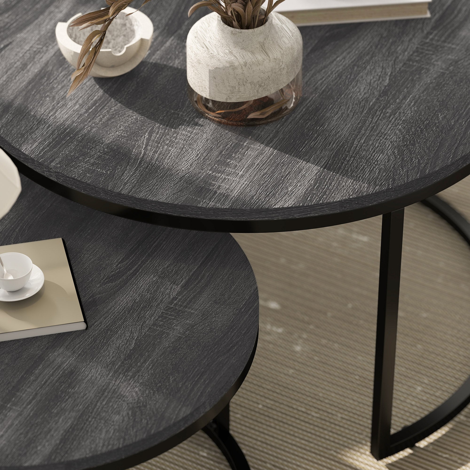 HOMCOM Set of Two Marble-Effect Stacking Tables - Wood Grey - North Peak Garden Furniture