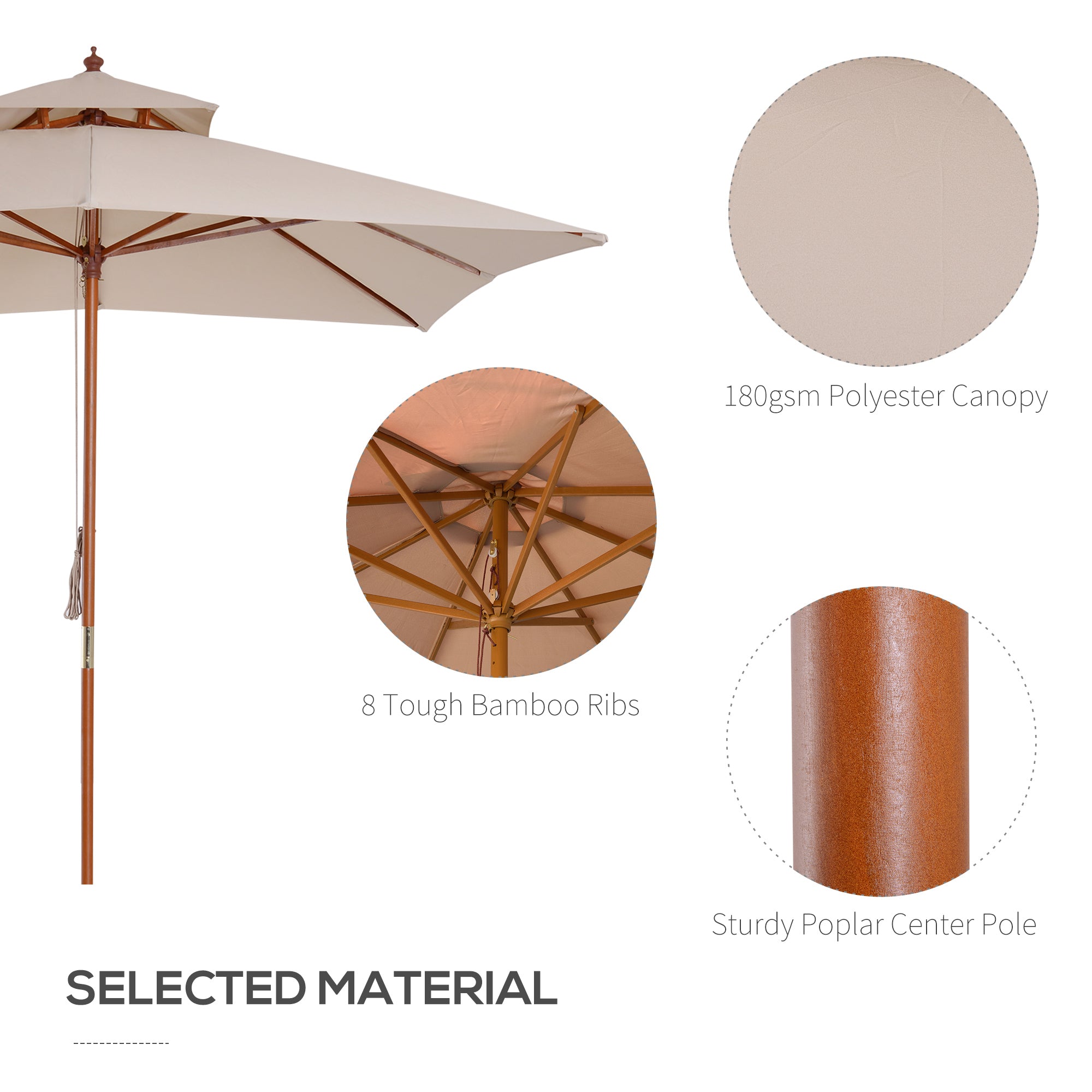 Outsunny 3 x 3 metre Patio Parasol Garden Umbrellas Sunshade Outdoor Wooden Parasol Canopy Double Tier, Beige, BASE NOT INCLUDED - North Peak Garden Furniture