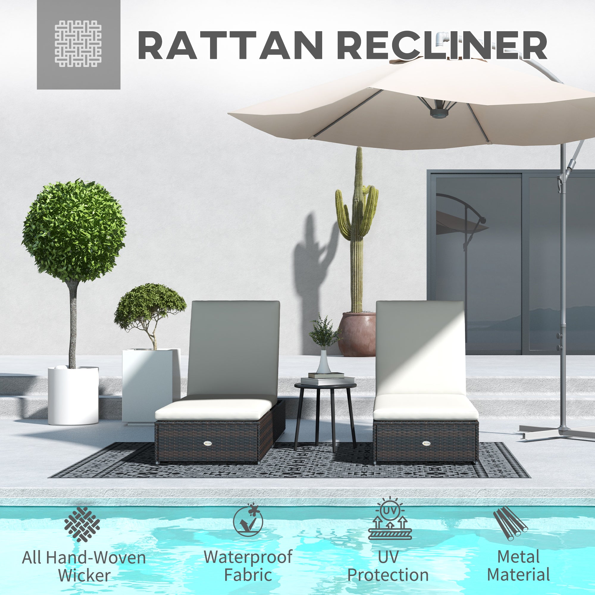 Outsunny Set of Two Rattan Sun Loungers, with Reclining Backs - Brown/Cream - North Peak Garden Furniture