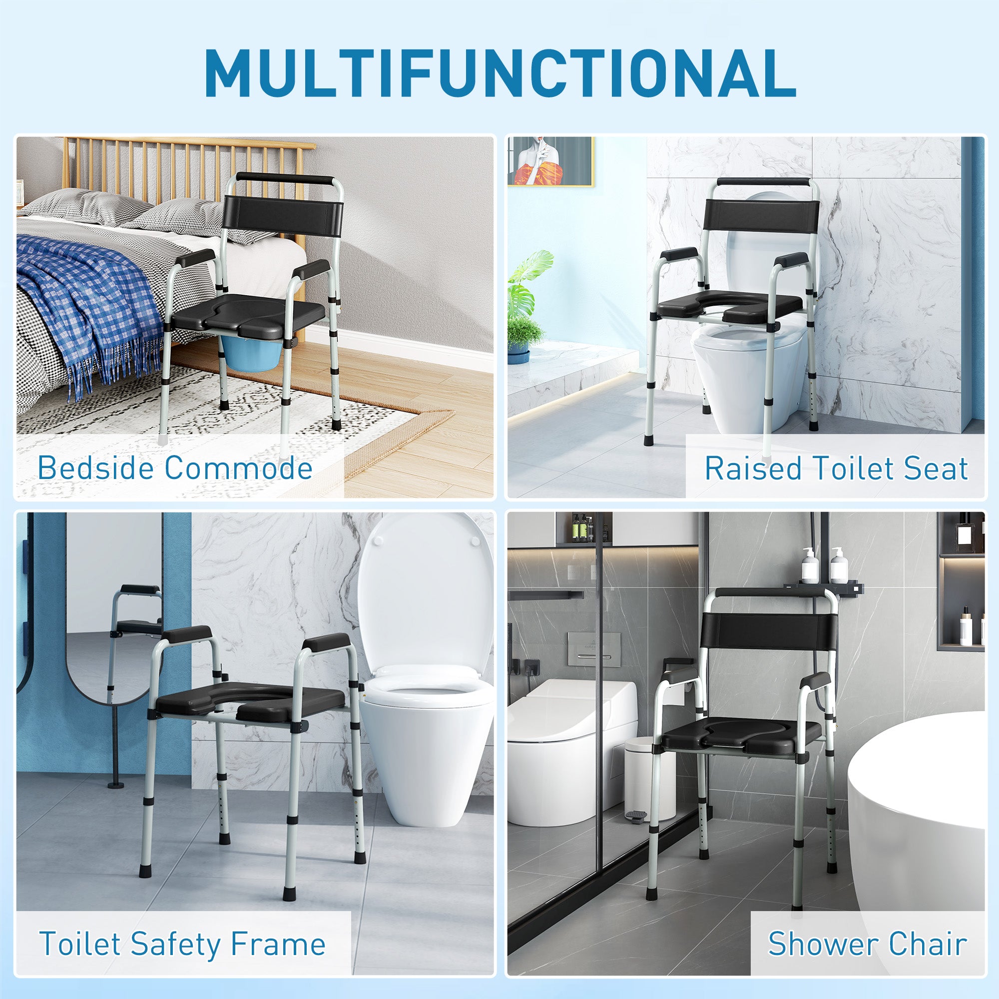 HOMCOM Lightweight Non-Slip Commode, Height Adjustable Commode Toilet Chair with Arms and Back, Black