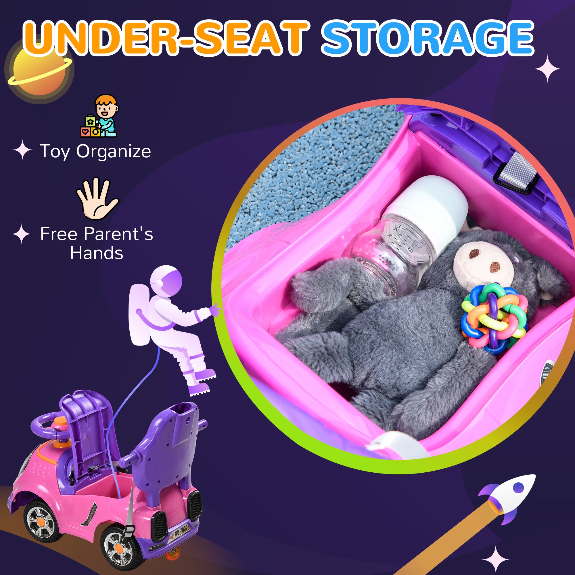 AIYAPLAY 3 in 1 Ride on Push Car, Cartoon Robot Theme Foot to Floor Slider w/ Handle Light Music Horn, Storage - Pink - North Peak Garden Furniture